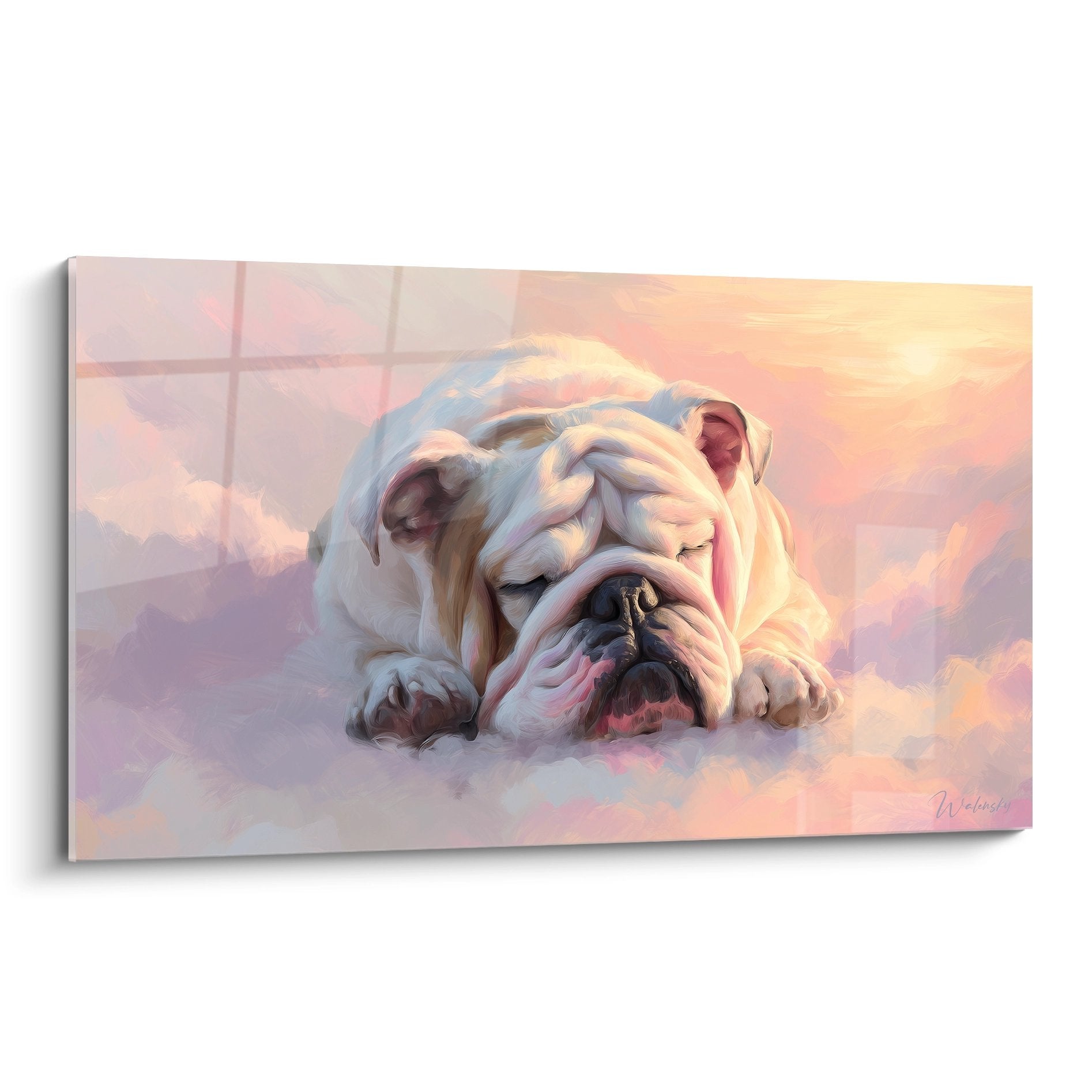 tableau bouledogue anglais endormi sur nuages roses et dores ambiance pastel sereine