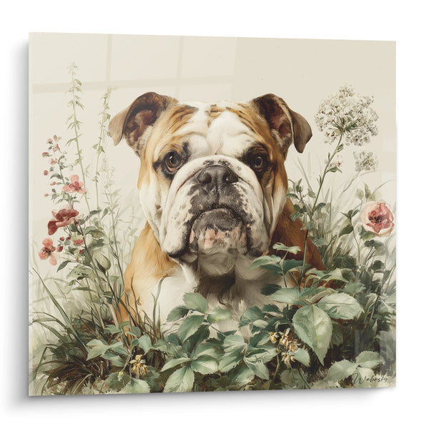 Cuadro de Bulldog Inglés en Jardín Floral - Retrato Botánico - Edición Bulldog Inglés