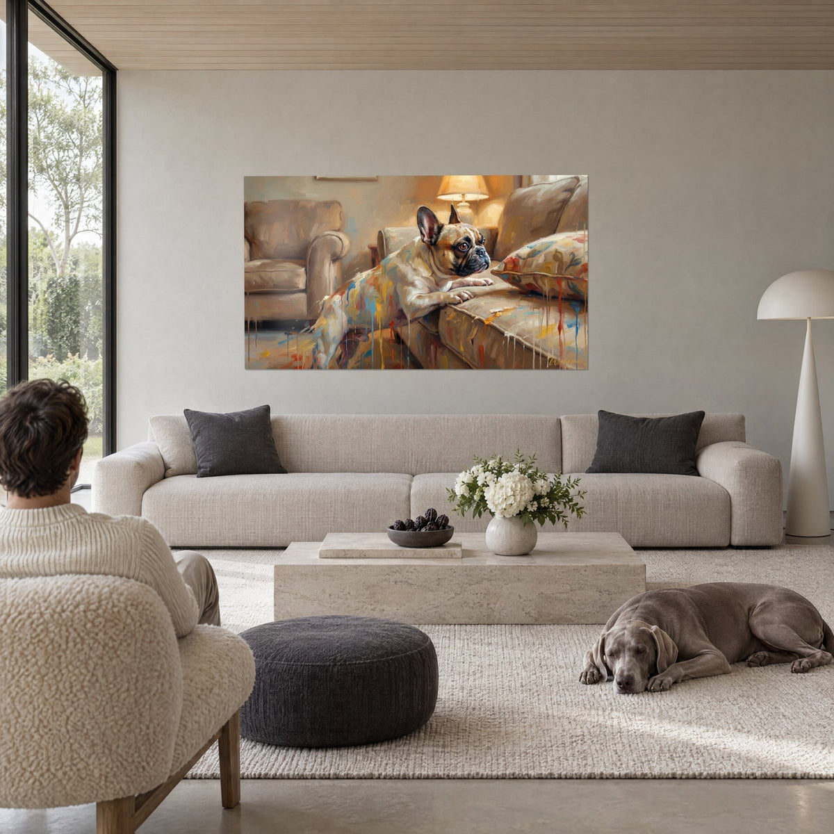 Wall art French bulldog with blue and yellow paint drips, leaning on a beige sofa, hung above a sofa in a bright living room