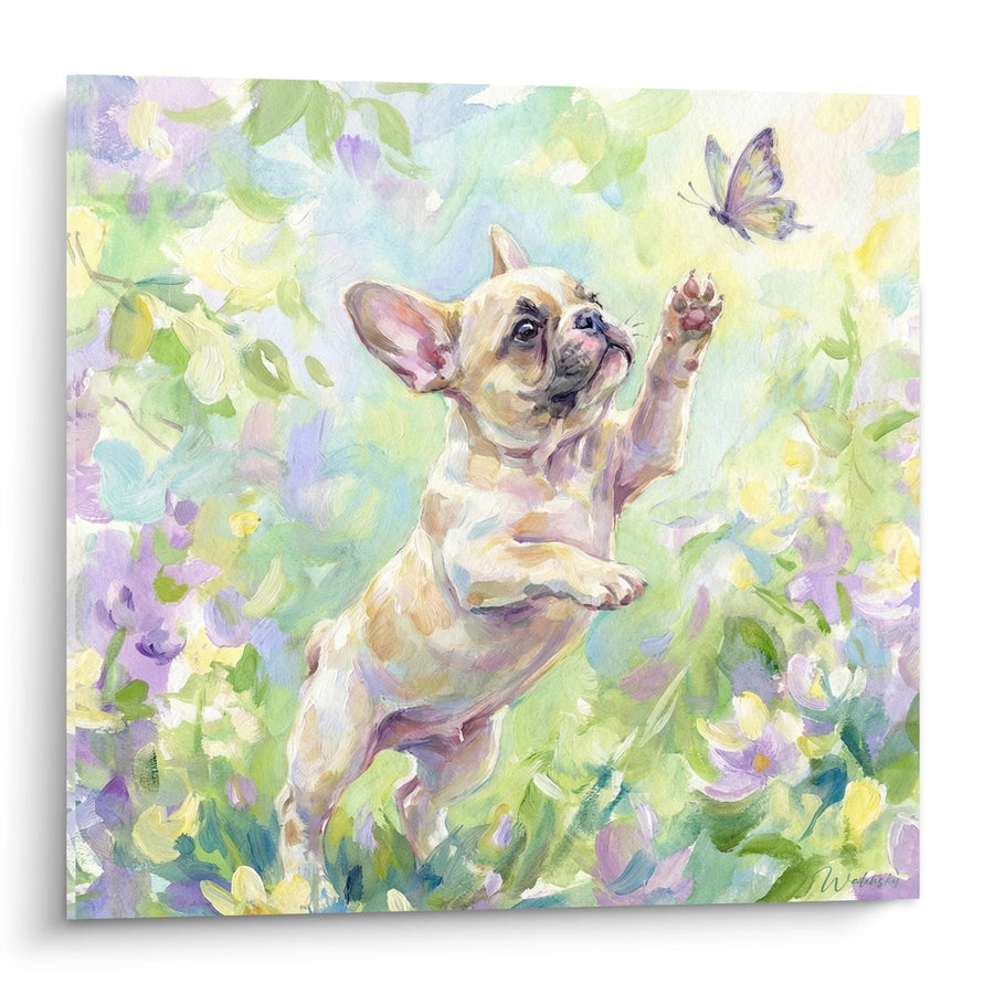 Tableau Bouledogue Français Crème Jouant avec Papillon - Joie Printanière - Edition Tableau Bouledogue Francais