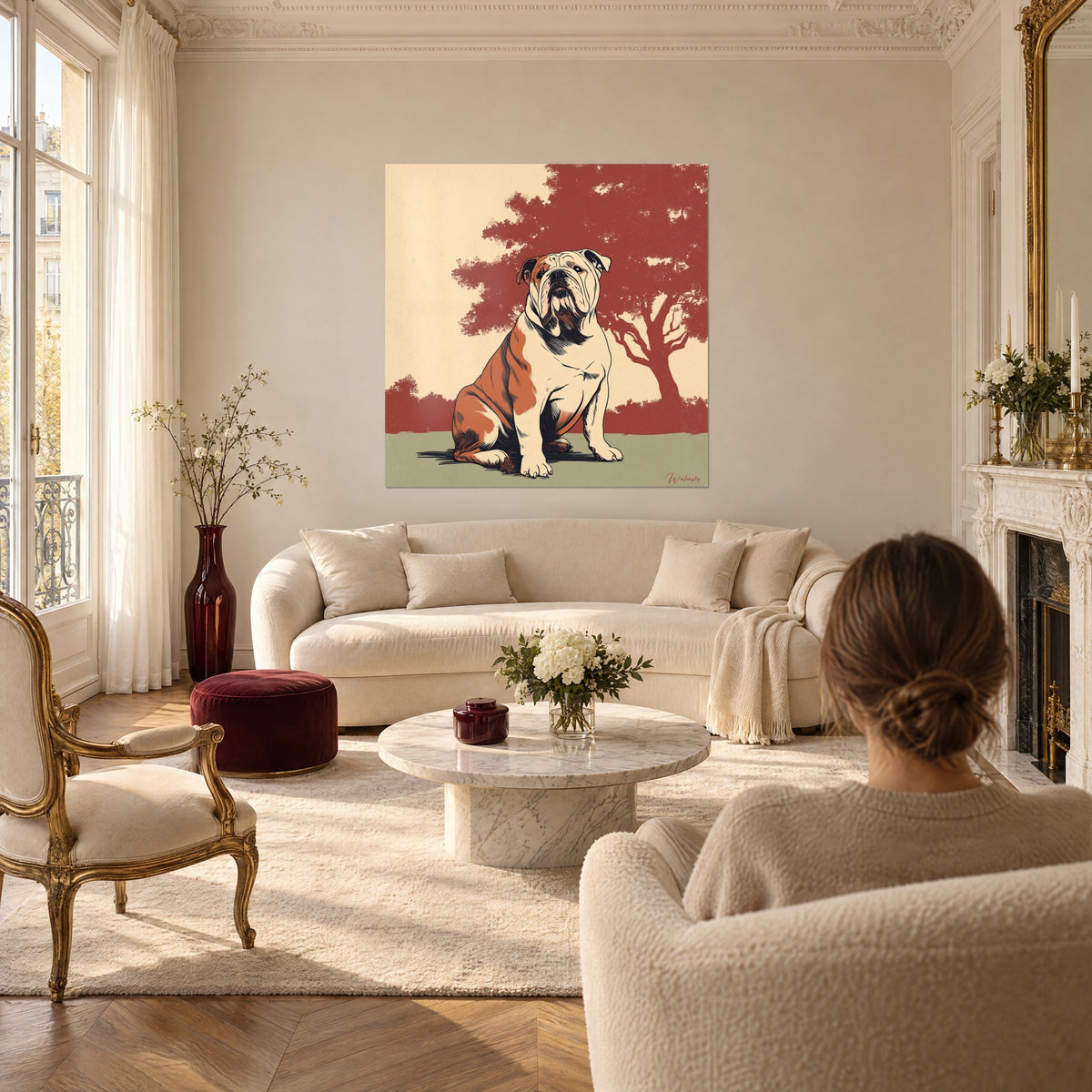 Gemälde eines sitzenden englischen Bulldoggen, rot-cremefarbenes Fell, ziegelroter Baum, hängend über einem Sofa in einem hellen Wohnzimmer