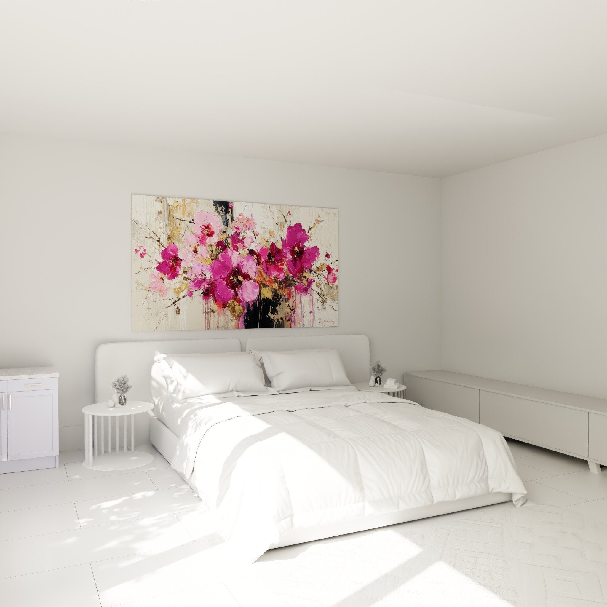 Fuchsia rose bouquet wall art in modern feng shui southeast bedroom with cosy wood ambiance