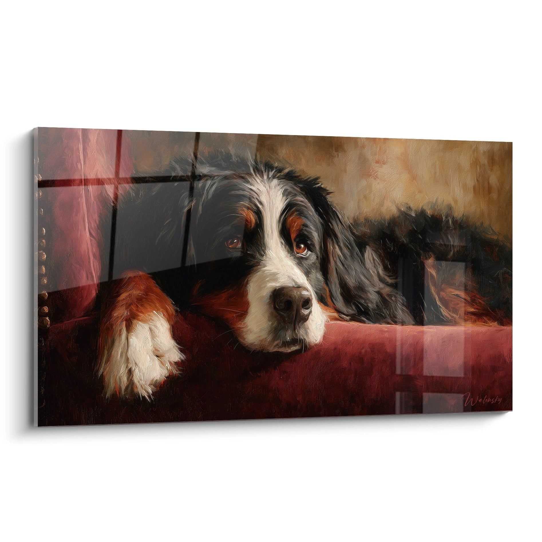 Bouvier Bernois au regard melancolique allonge sur canape bordeaux, tableau animalier style realiste tons chauds