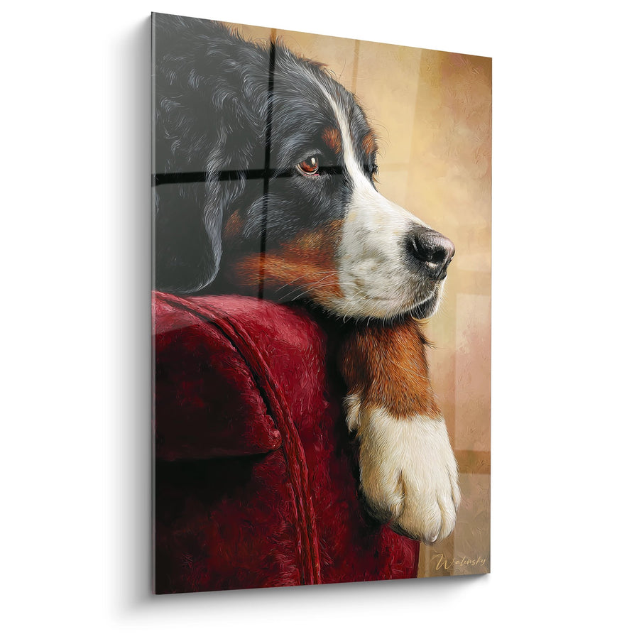 Tableau Bouvier Bernois au Regard Contemplatif en Veste Rouge - Noble Compagnon - Edition Bouvier Bernois