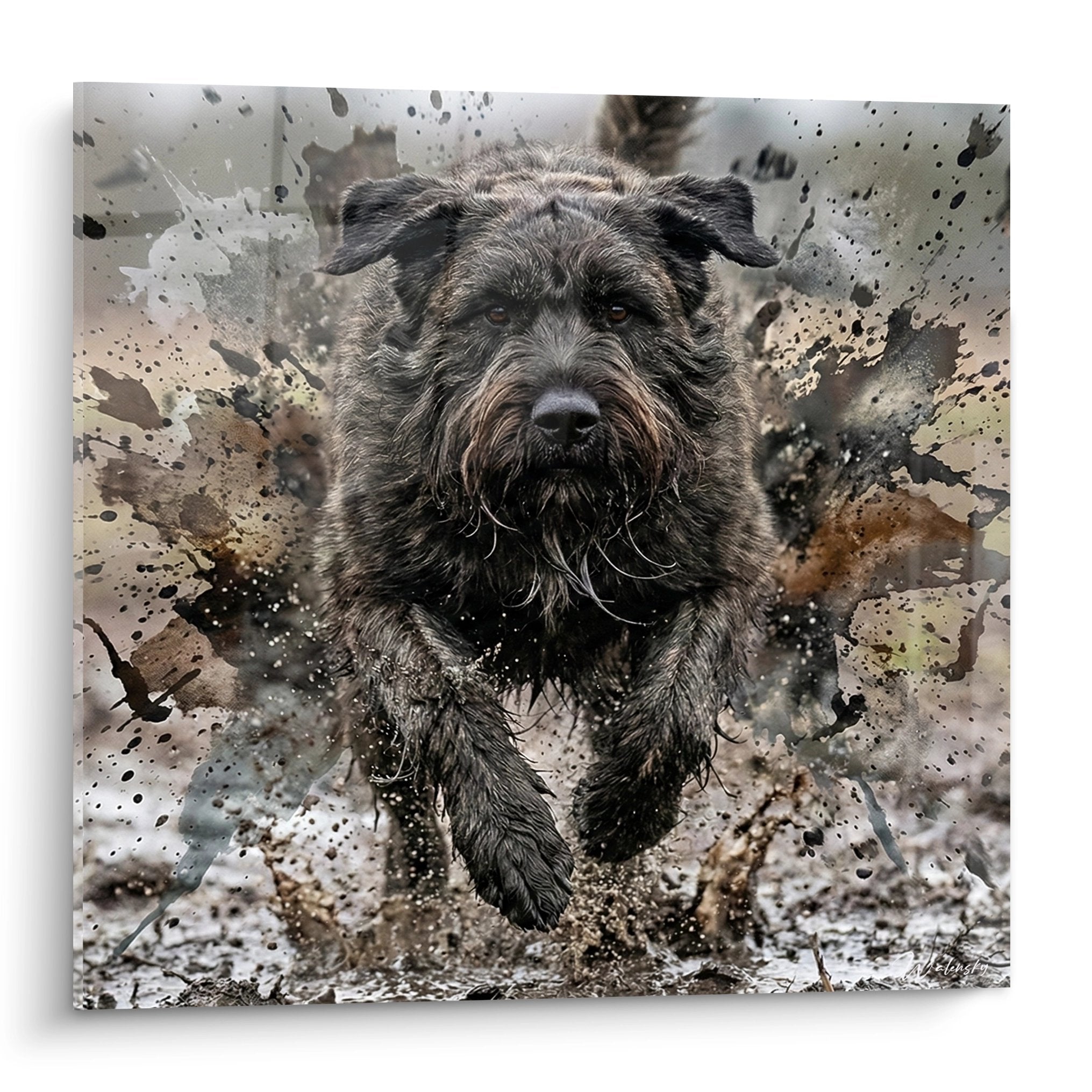 Bouvier des Flandres en pleine course avec éclaboussures de terre, tableau dynamique tons terreux