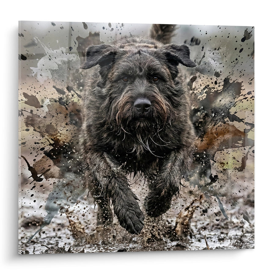 Tableau Chien en Action dans les Éclaboussures de Boue - Énergie Débordante - Edition Bouvier des Flandres