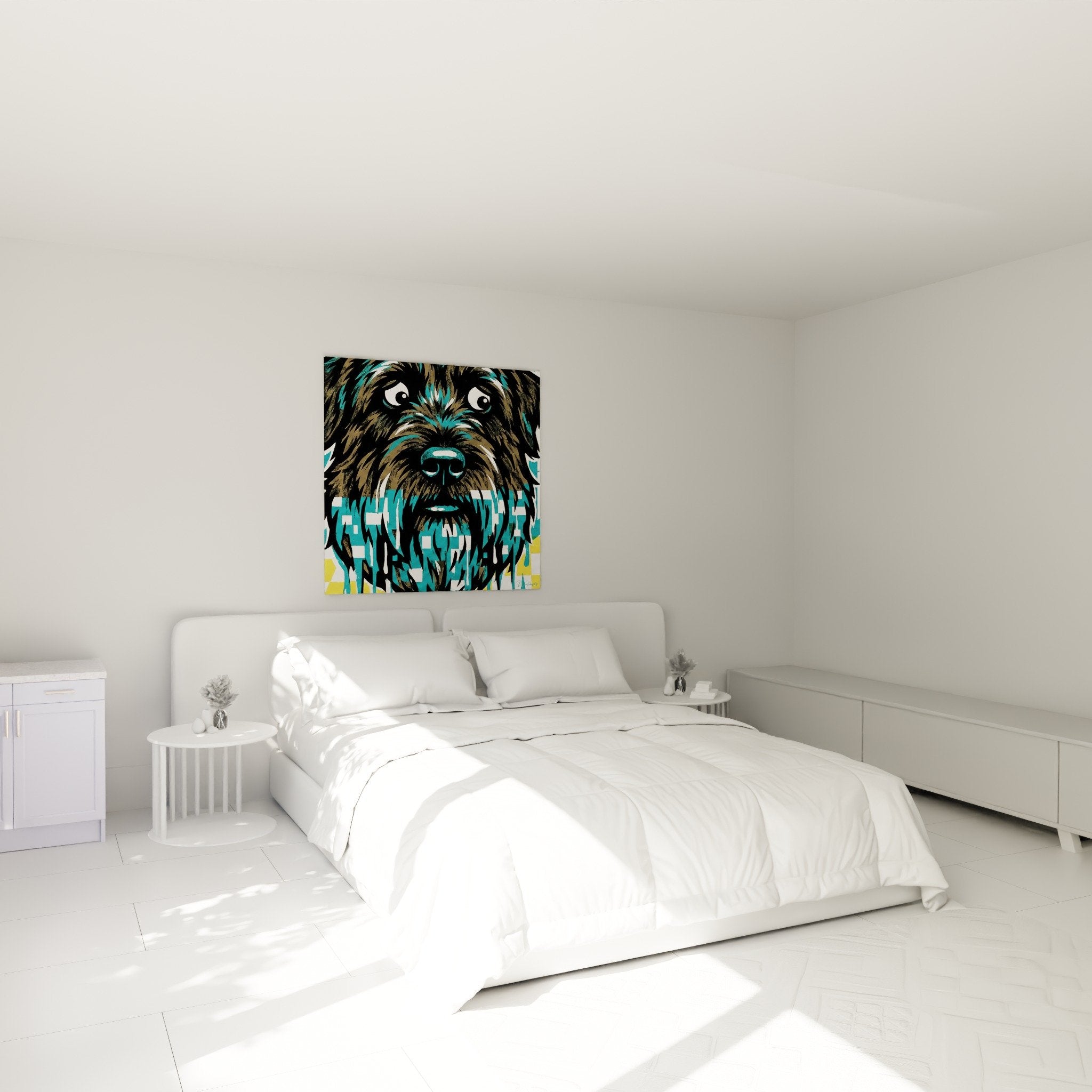 Tableau bouvier des flandres turquoise dans chambre moderne decoration murale canine artistique