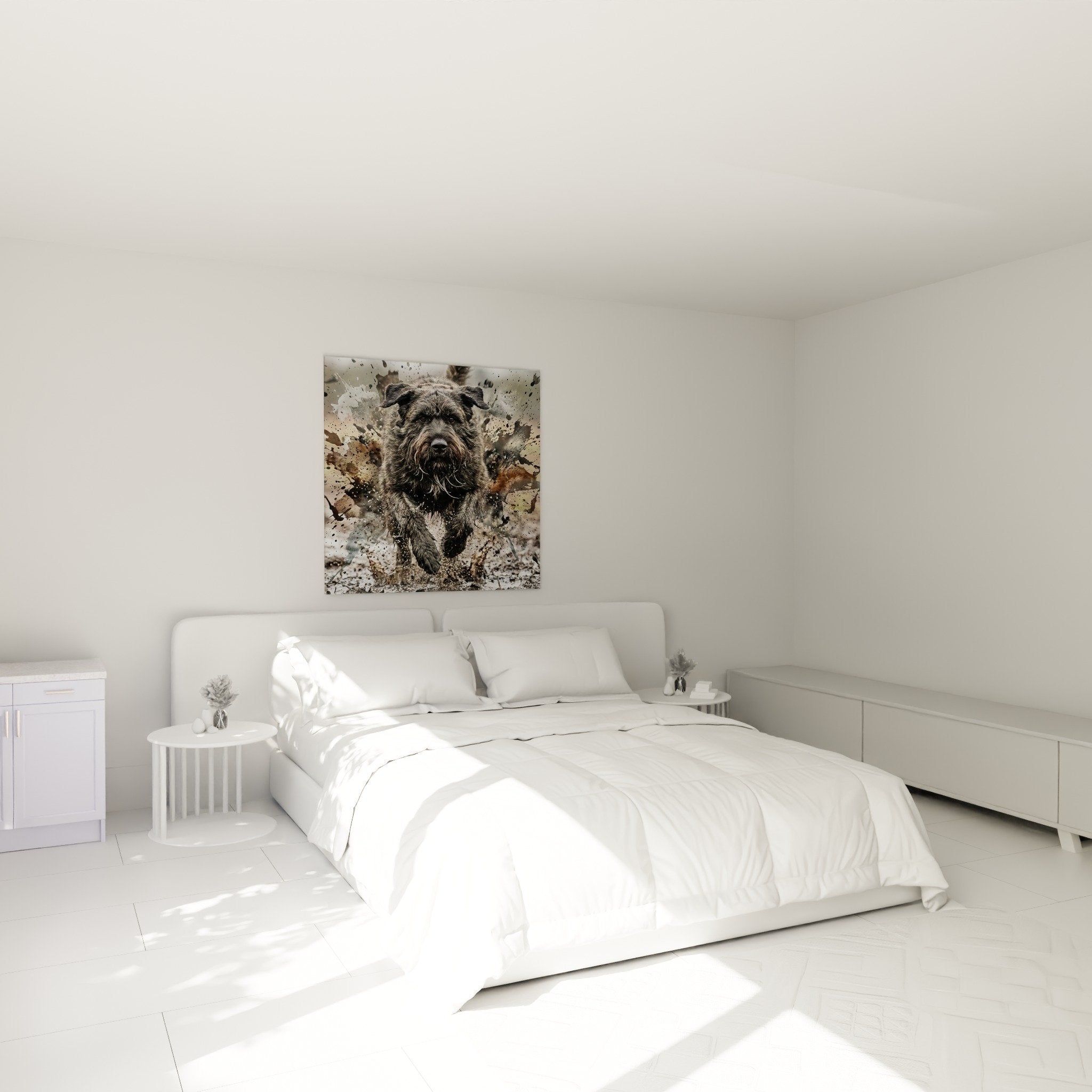 Tableau Bouvier des Flandres action dans chambre moderne, décoration murale chien dynamique