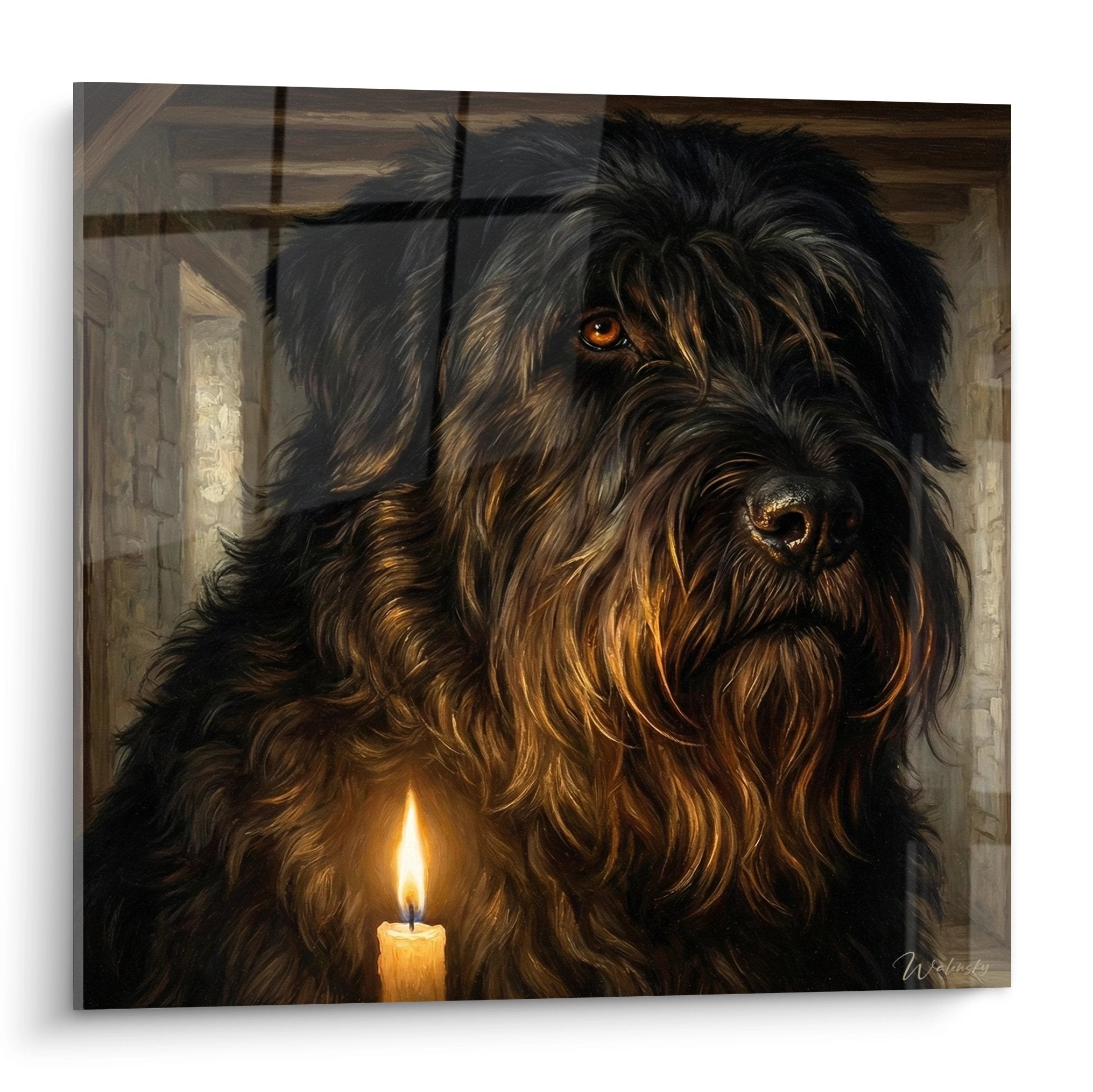 Tableau portrait Bouvier des Flandres noir aux reflets dorés éclairé par une chandelle, ambiance intimiste chaleureuse