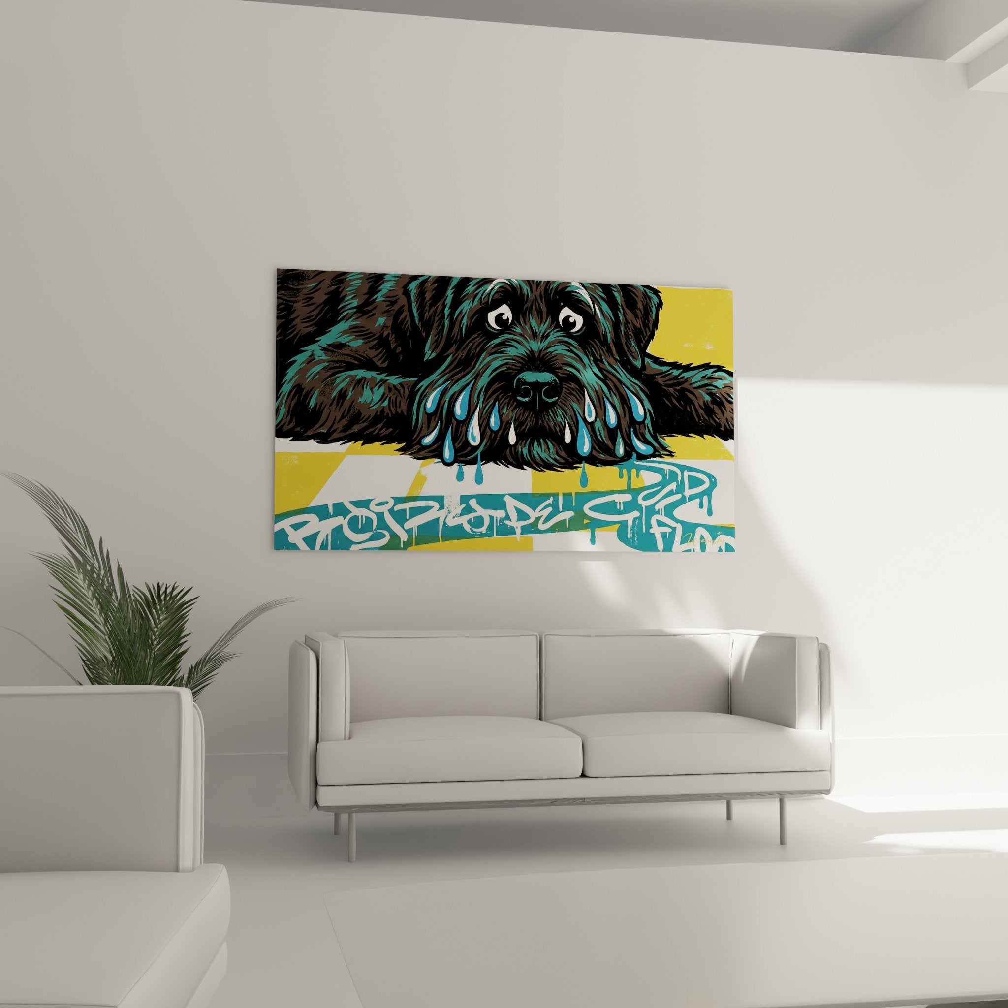 Dettaglio ritratto Bovaro delle Fiandre occhi espressivi gocce blu mantello texturizzato stile artistico urbano