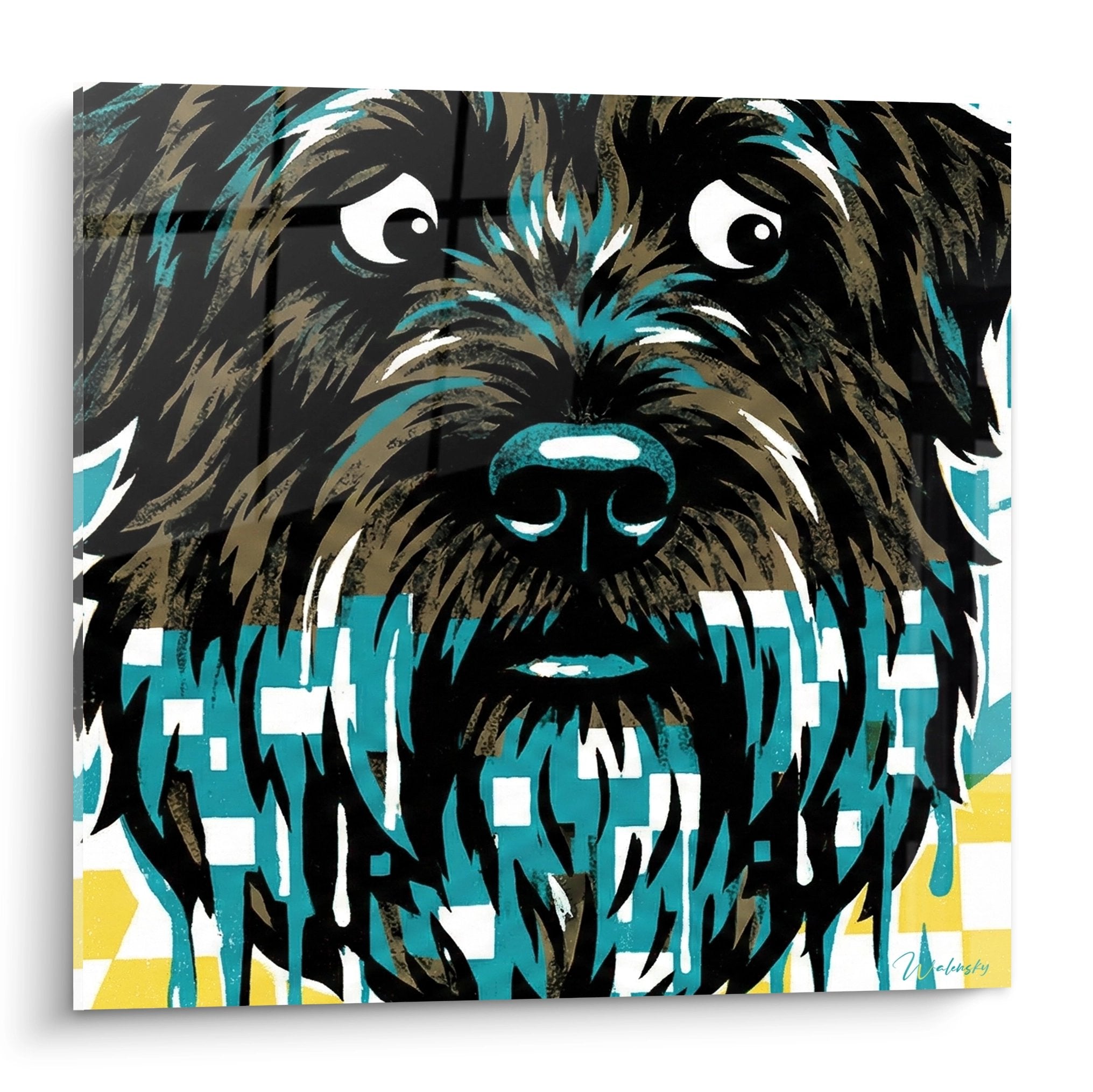 Portrait stylise chien bouvier des flandres couleurs turquoise ocre style graphique contemporain