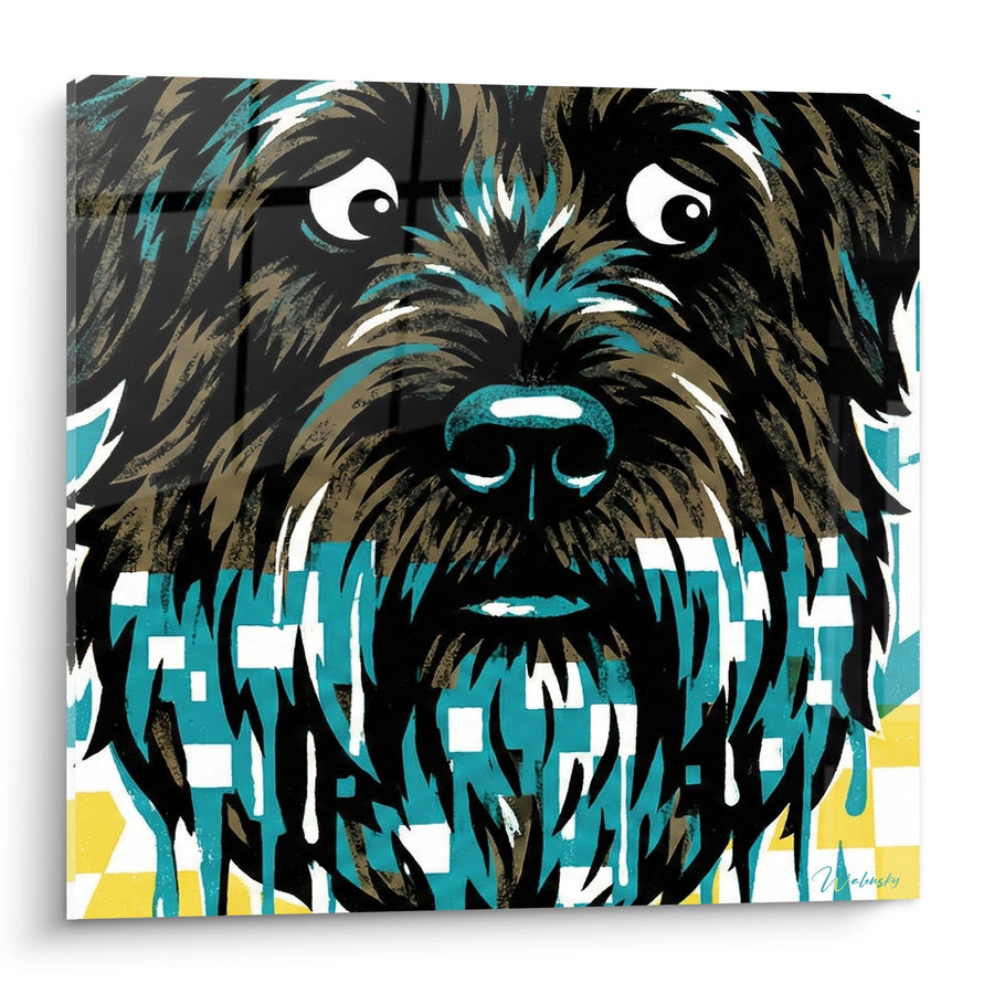 Tableau Chien Stylisé aux Tons Turquoise et Ocre - Portrait Graphique - Edition Bouvier des Flandres