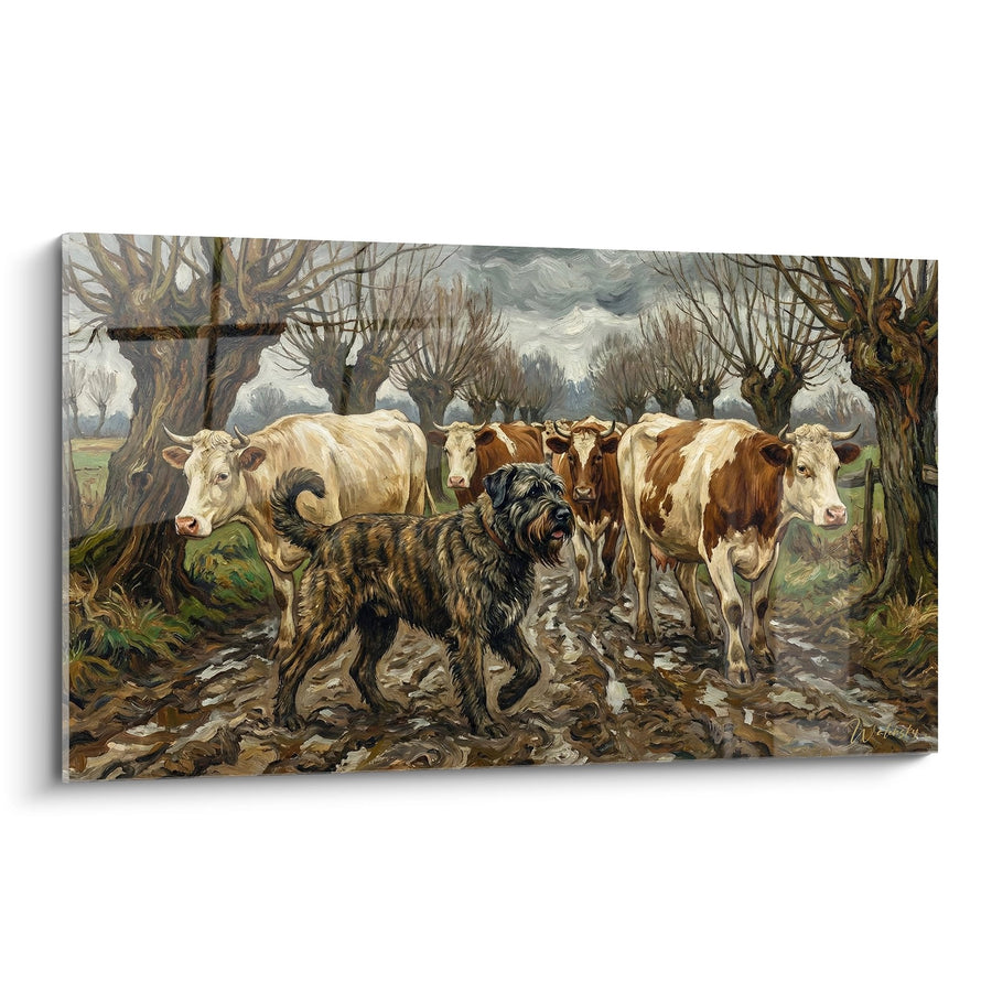 Tableau Bouvier des Flandres et Troupeau dans Paysage Rural - Scène Pastorale - Edition Bouvier des Flandres