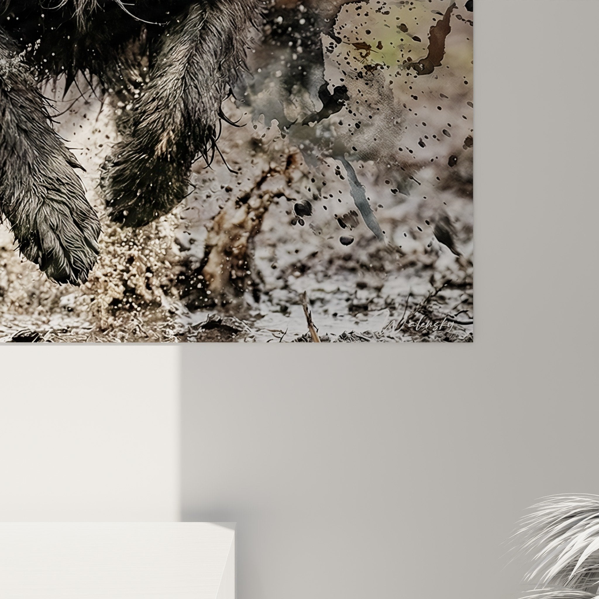 Vue ensemble tableau Bouvier des Flandres éclaboussures, art canin mural tons naturels