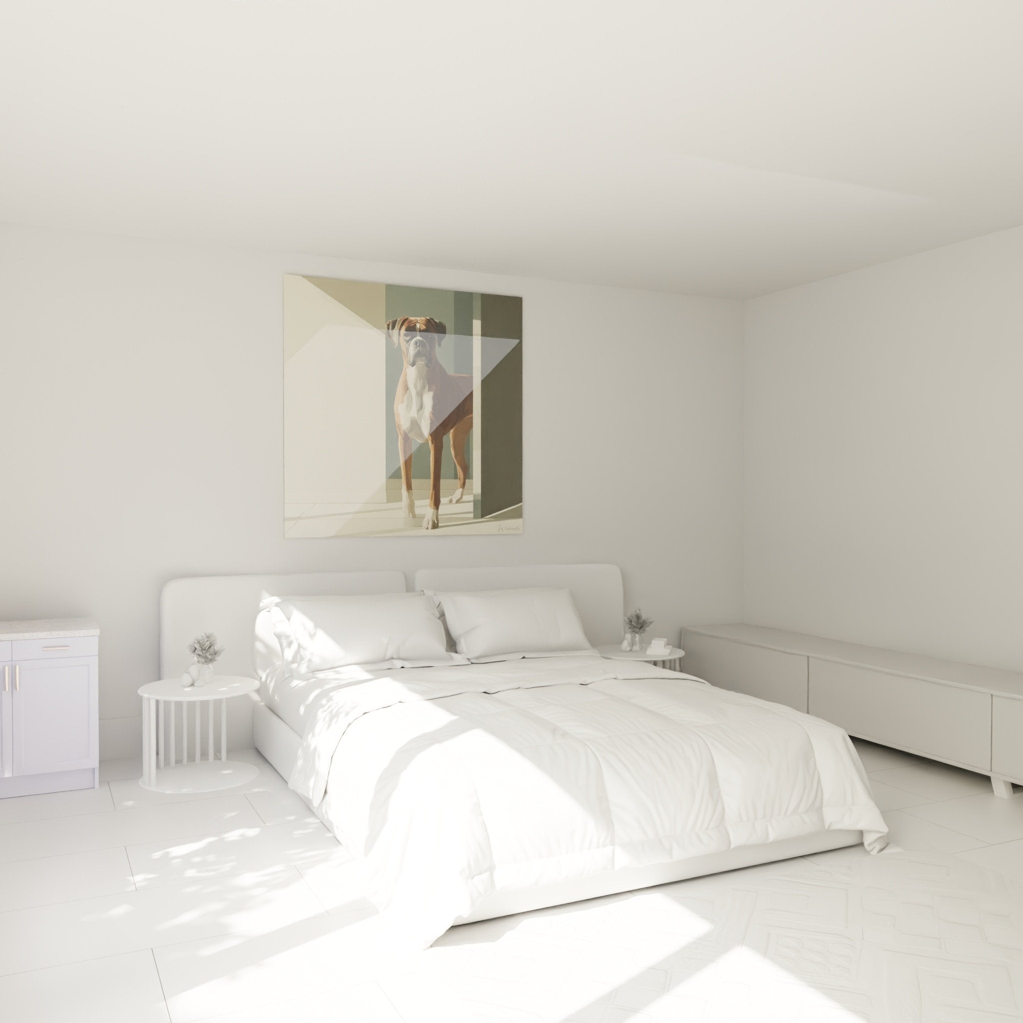 Fauver Boxer als Wandgemälde für das Schlafzimmer, moderner geometrischer Stil auf sanftem grünem Hintergrund