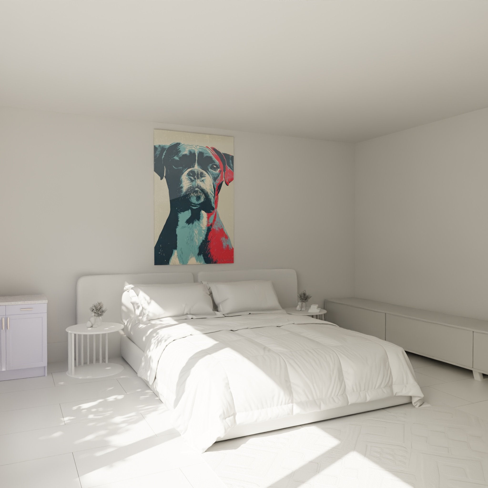 Vintage-Stil Boxer-Hundeporträt-Kunstwerk dekoriert ein Schlafzimmer mit hellen Wänden