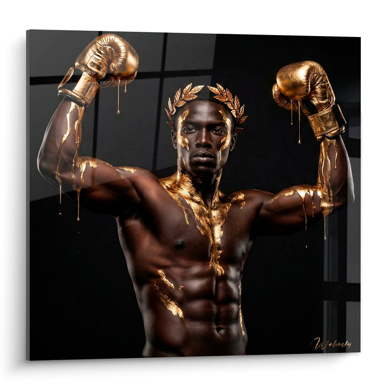 Tableau Boxeur couronné de lauriers dorés bras levés en triomphe - Champion Doré - Edition boxe