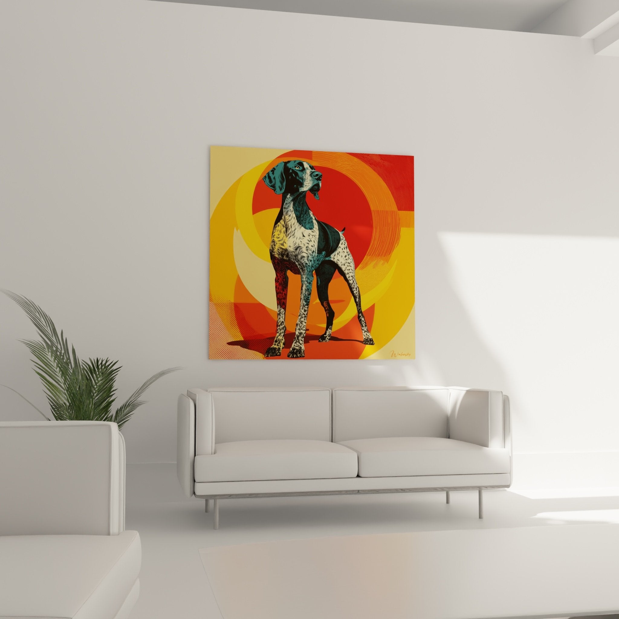 Dettaglio ravvicinato del mantello multicolore del Bracco tedesco blu verde giallo su sfondo geometrico arancione