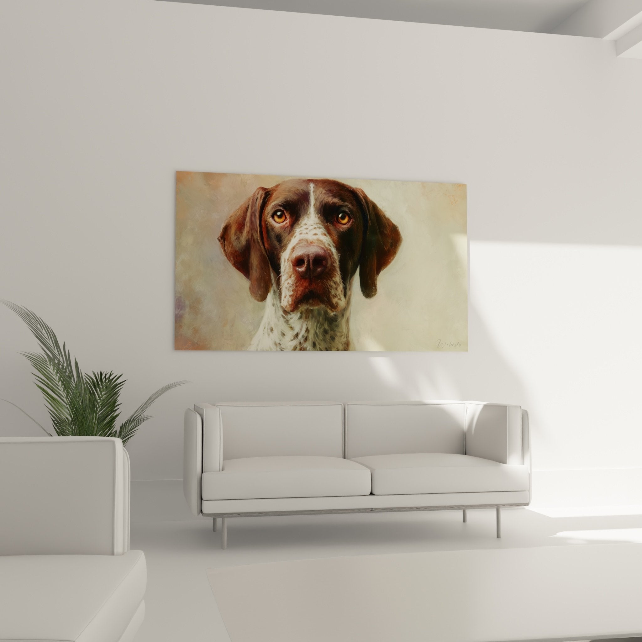 Gros plan portrait braque allemand yeux ambre expression douce pelage detaille realisme