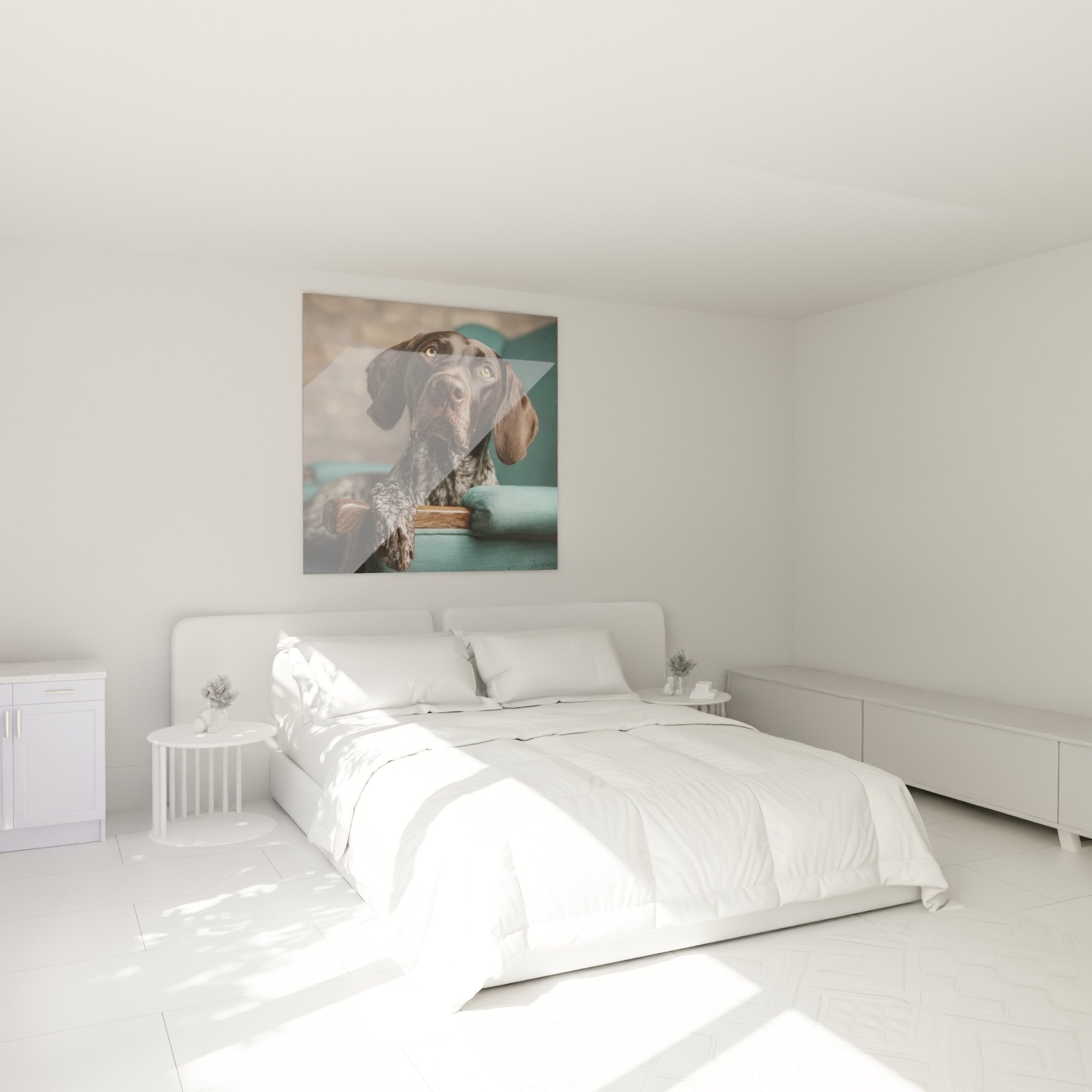 Tableau Braque Allemand regard contemplatif accroché au mur d'une chambre contemporaine