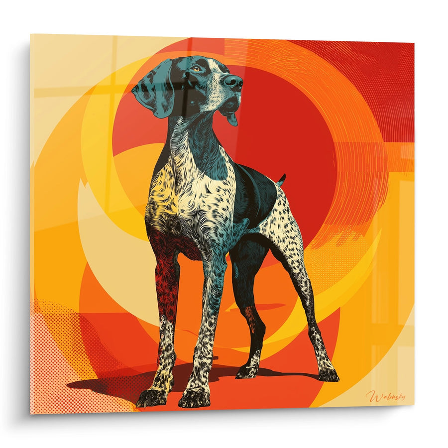 Tableau Chien Coloré sur Fond Géométrique Orange - Portrait Rétro - Edition Braque Allemand