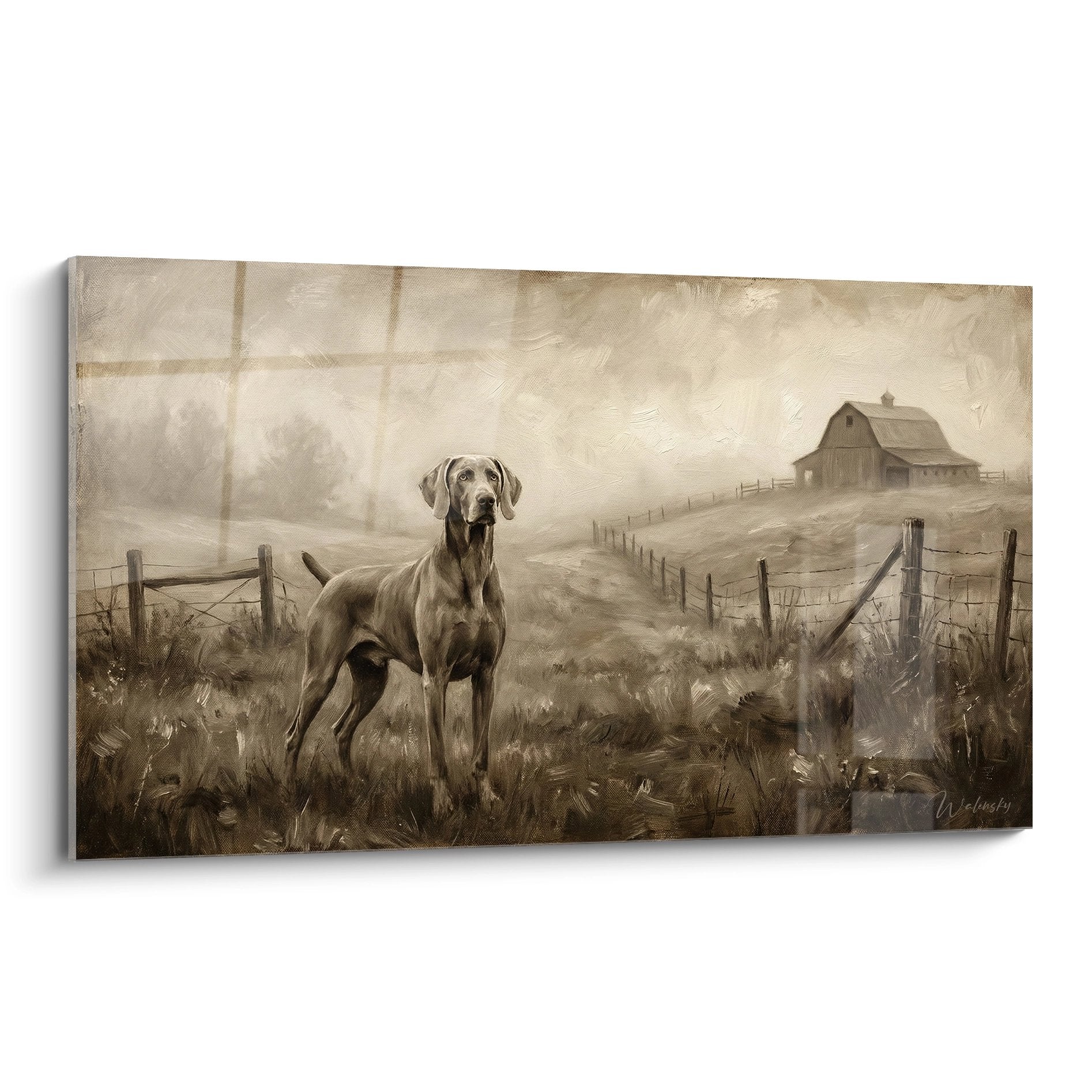 Tableau braque de weimar sepia chemin campagne ferme barriere bois paysage rural nostalgique