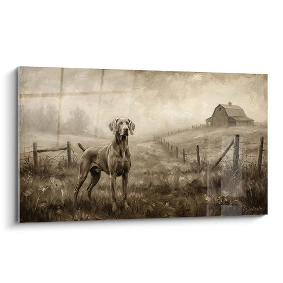Tableau braque de weimar sepia chemin campagne ferme barriere bois paysage rural nostalgique