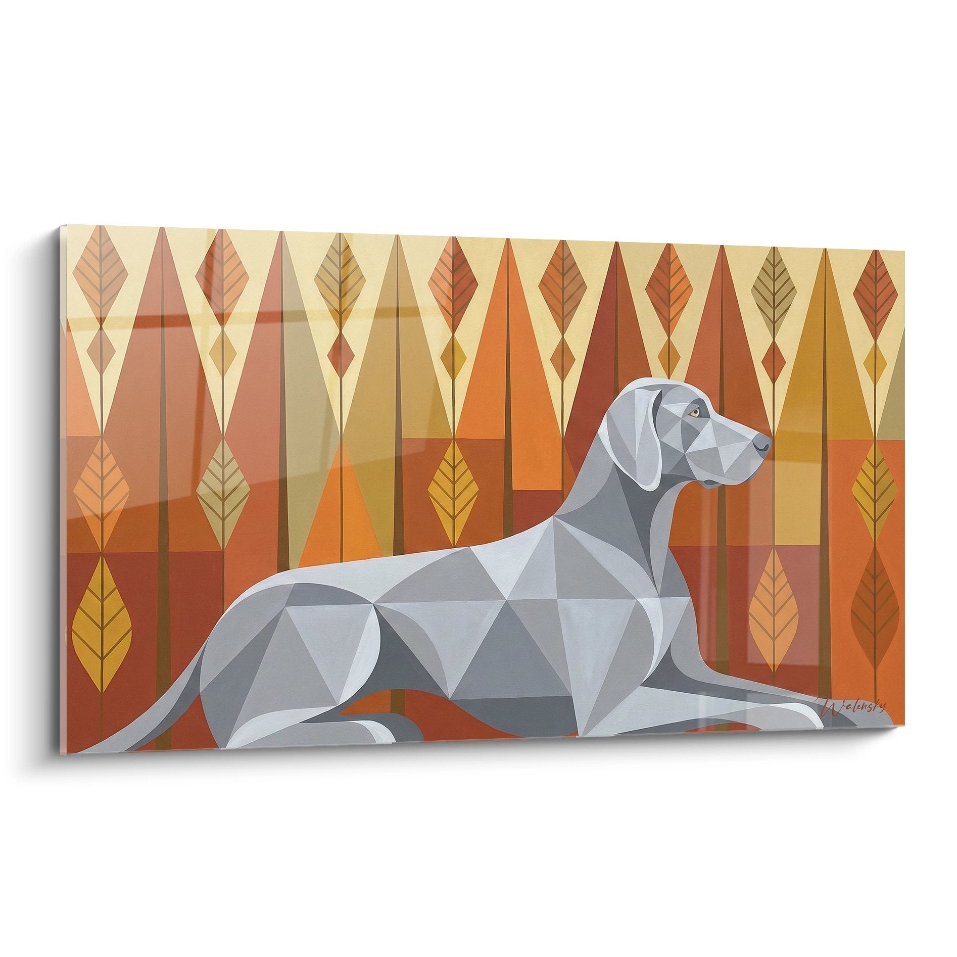 Tableau moderne Braque de Weimar geometrique gris sur fond decoratif automne tons ocre et or