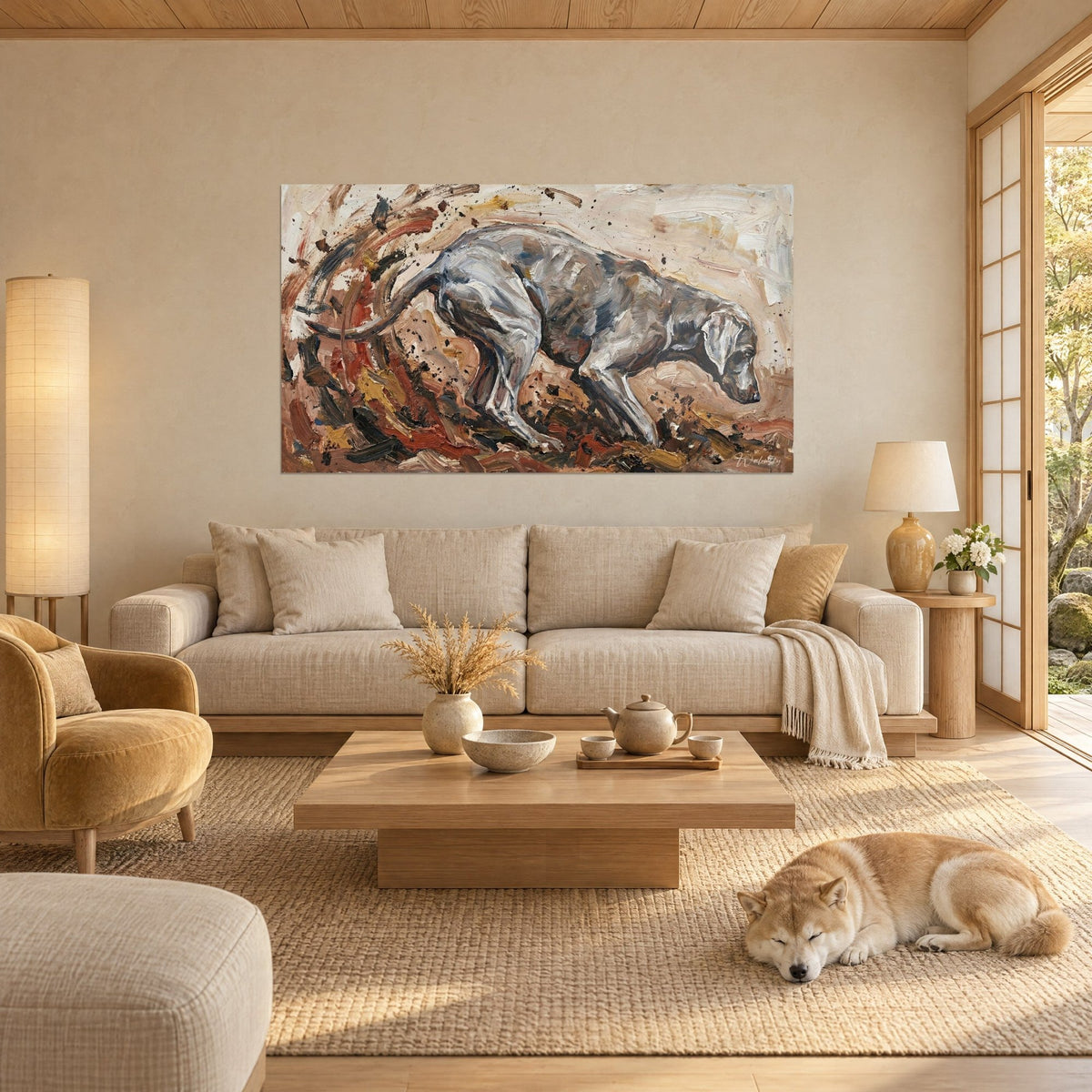 Gemälde eines grau gesprenkelten Weimaraner, der den Boden beschnuppert, in Braun und Rostrot, über einem Sofa in einem hellen Wohnzimmer