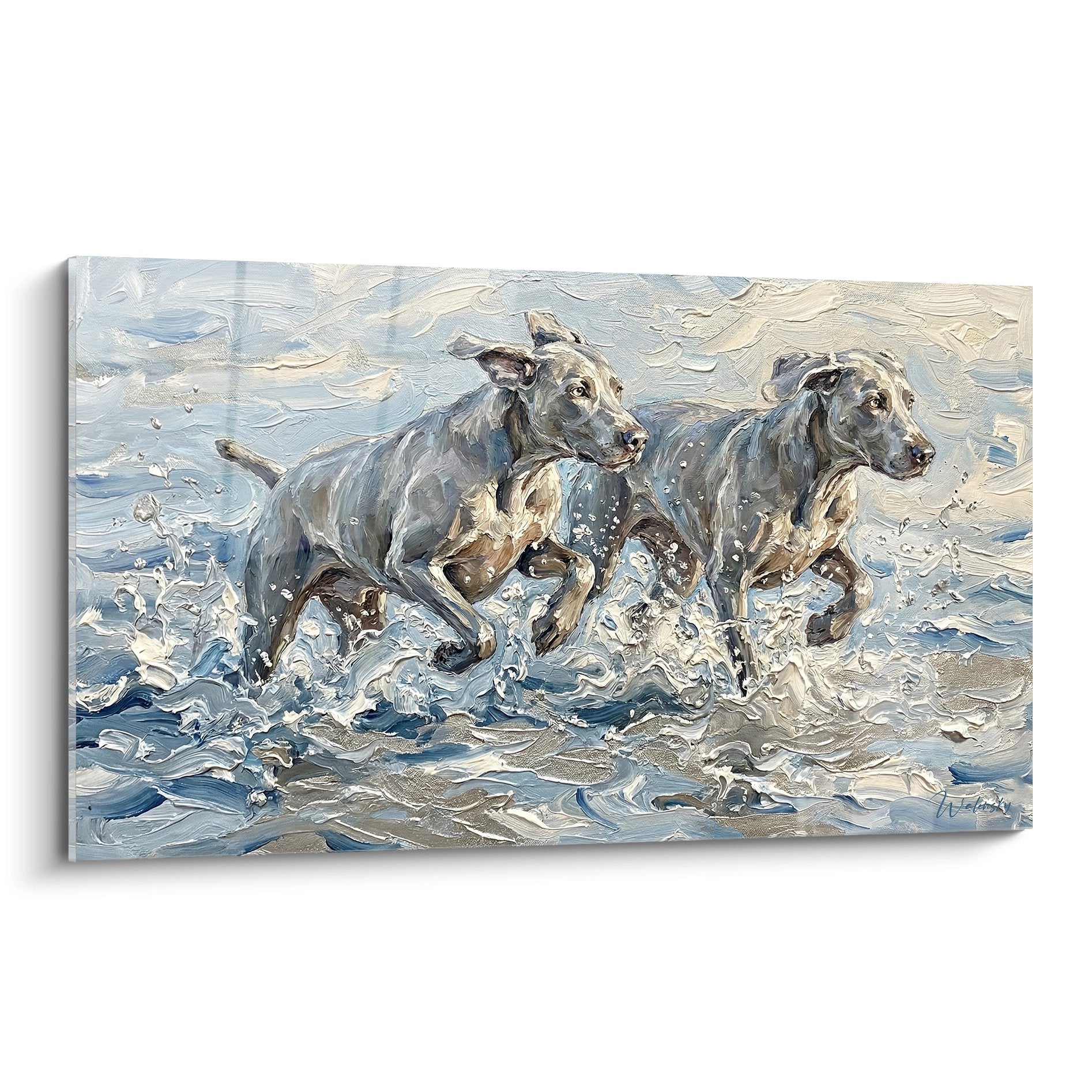 Deux Braques de Weimar gris bondissant dans les vagues bleues écumeuses, peinture à l'huile dynamique style impressionniste