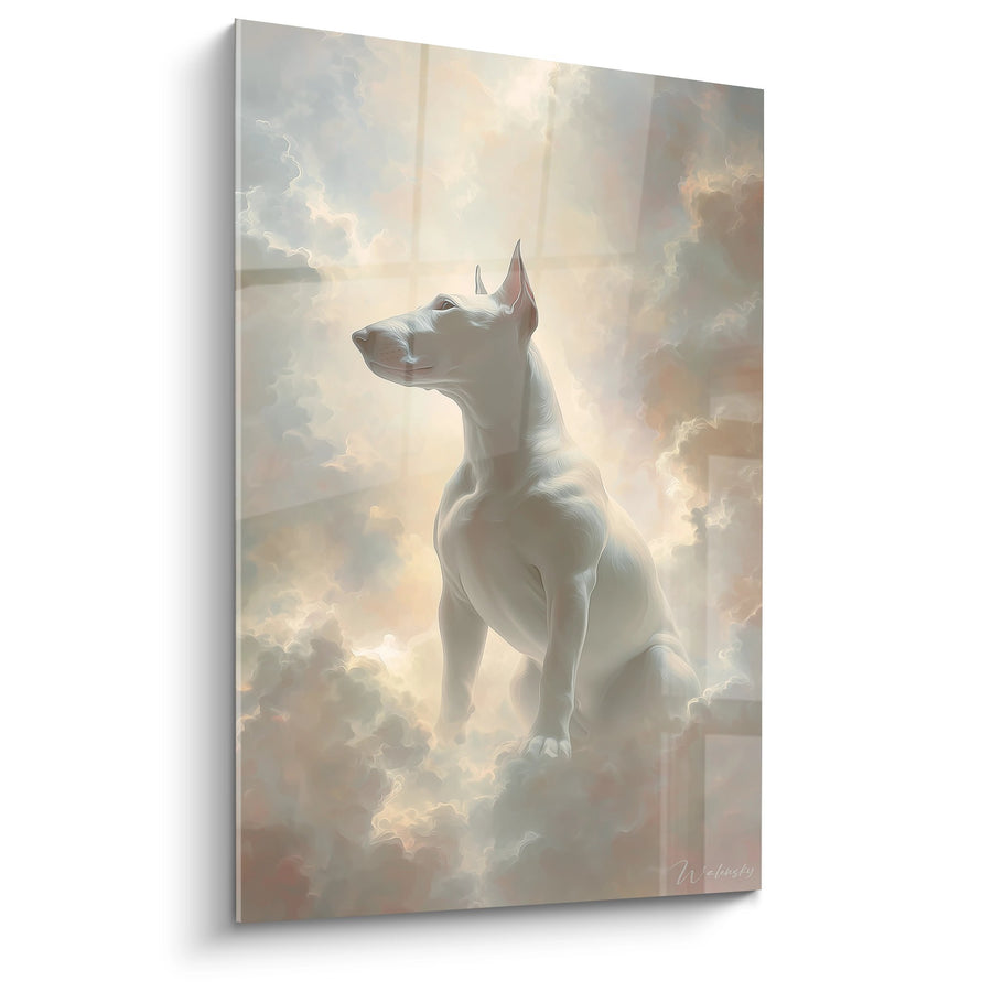 Tableau Bull Terrier Blanc Divin dans les Nuages Dorés - Ascension Céleste - Edition Bull Terrier