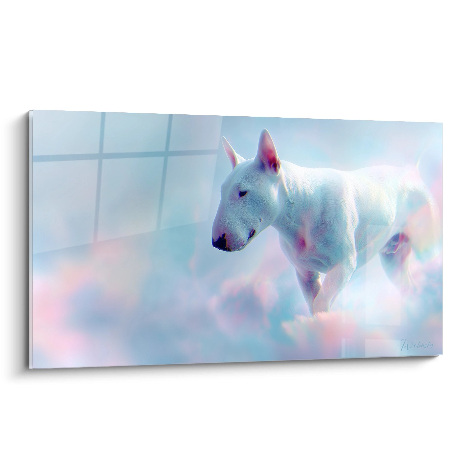 Bull Terrier blanc dans univers nuages pastel roses et bleus, atmosphère onirique et lumière dorée