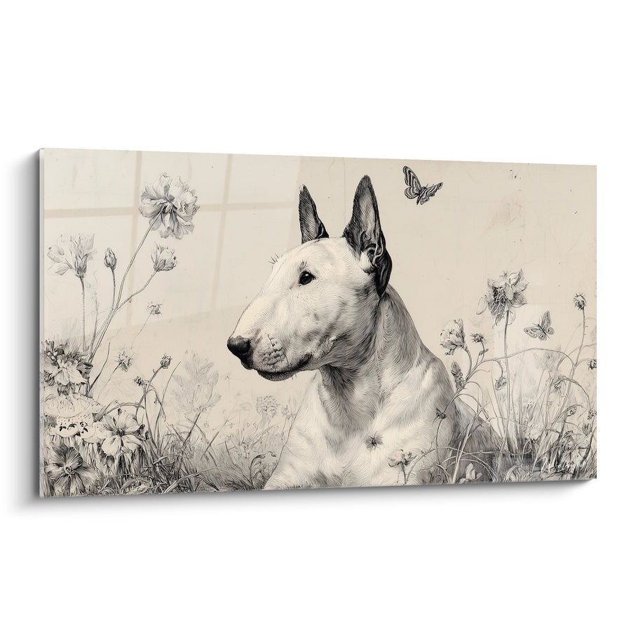 Tableau Bull Terrier Blanc dans Prairie Fleurie - Portrait Champêtre - Edition Bull Terrier