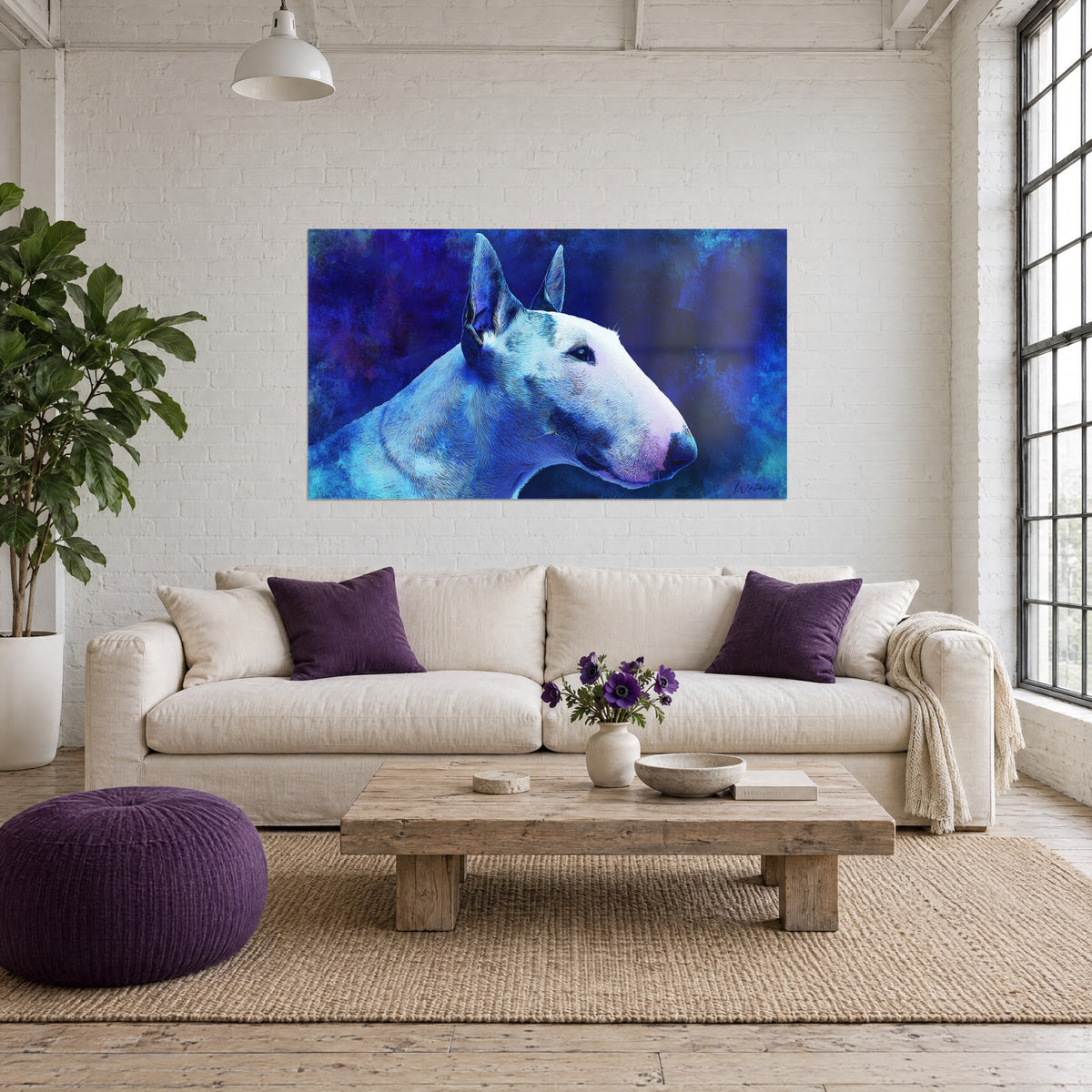 Πίνακας λευκό bull terrier σε προφίλ, ροζ ανοιχτό ρύγχος, σκούρο μπλε φόντο, πάνω από καναπέ σε φωτεινό σαλόνι