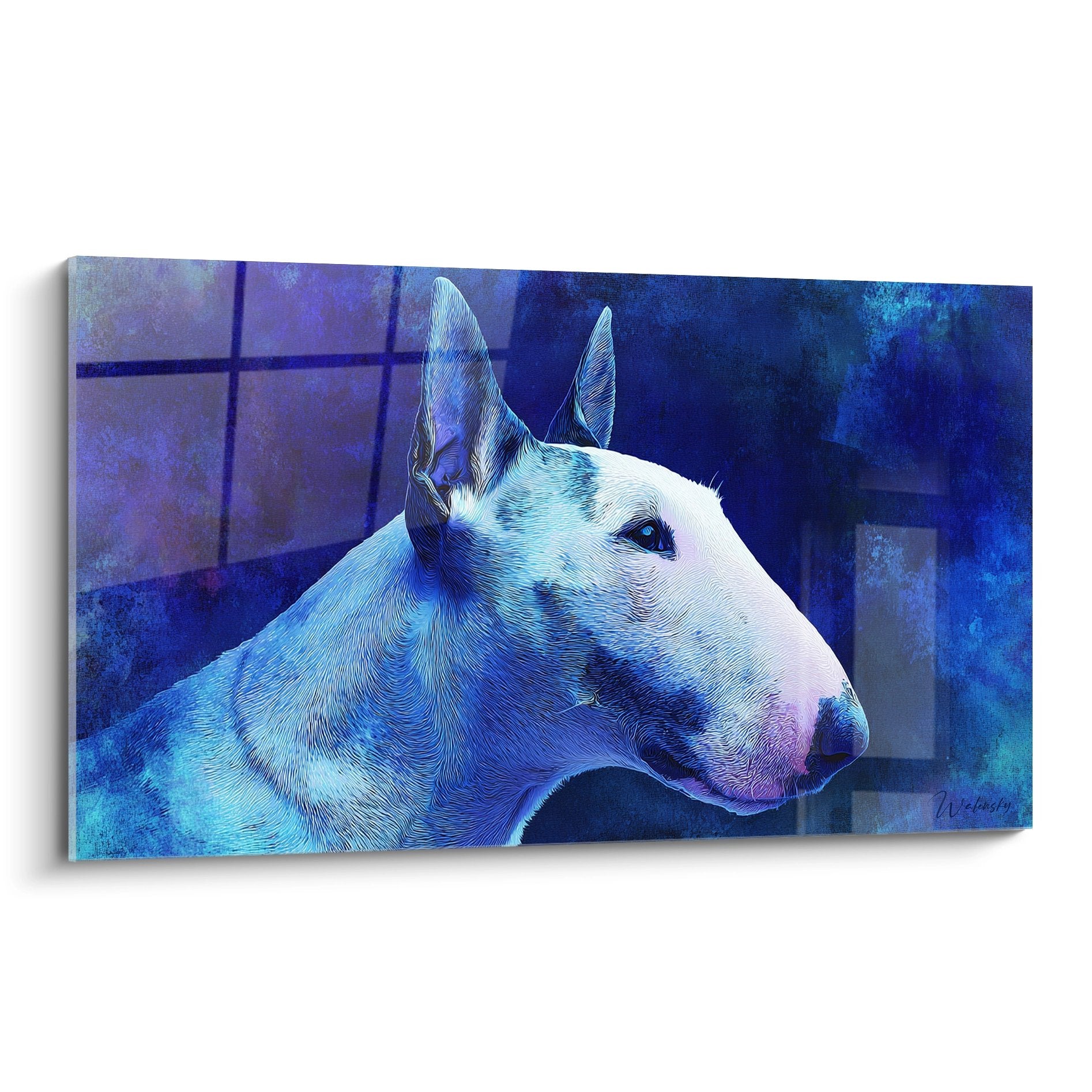 Portrait artistique Bull Terrier profil tons bleus glacés violets technique gravure moderne decoration murale