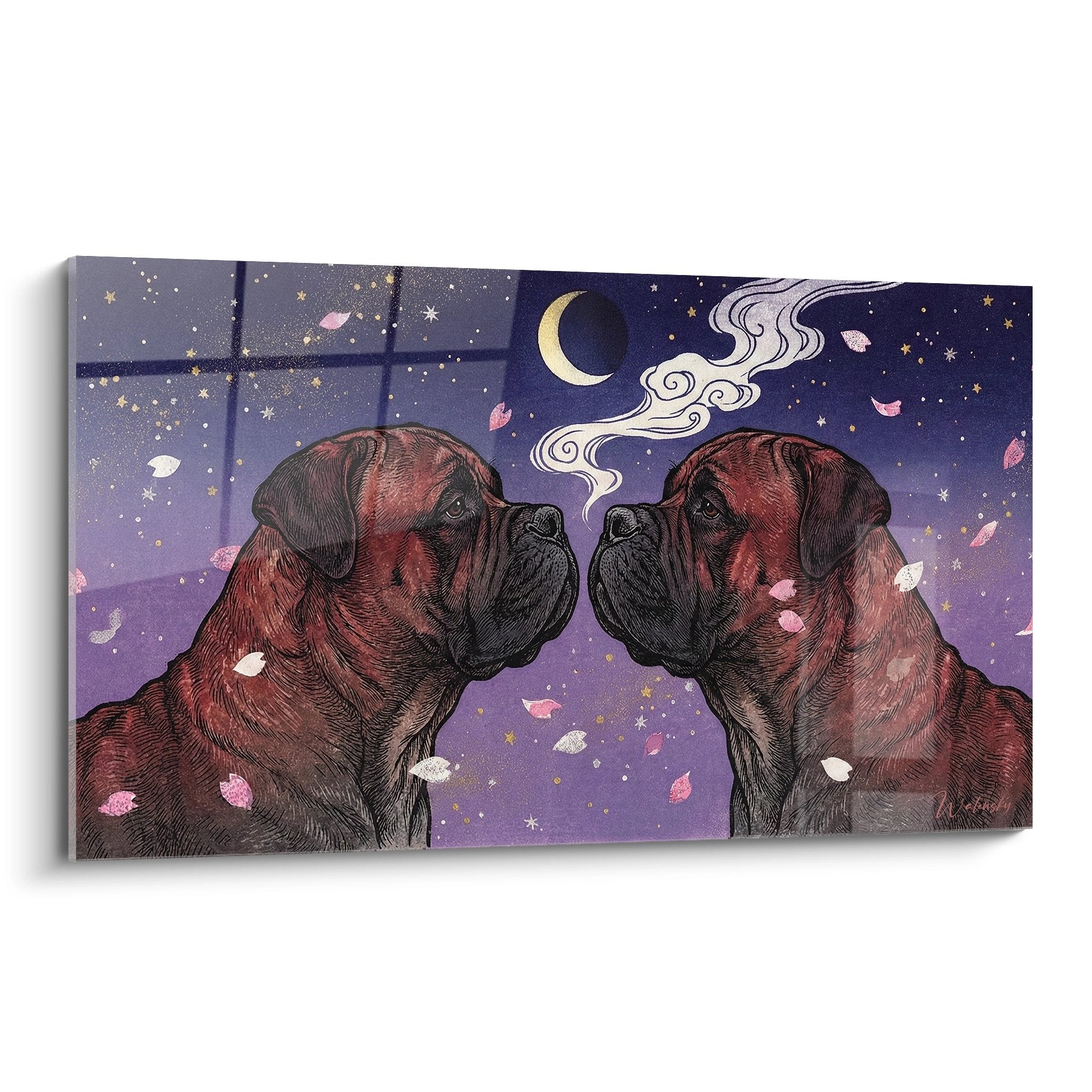 Deux bullmastiffs face à face sous ciel étoilé violet avec lune dorée et pétales roses flottants