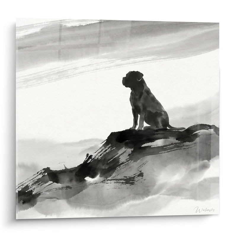 Tableau Chien à l'Encre de Chine sur Rocher - Contemplation Silencieuse - Edition Bullmastiff