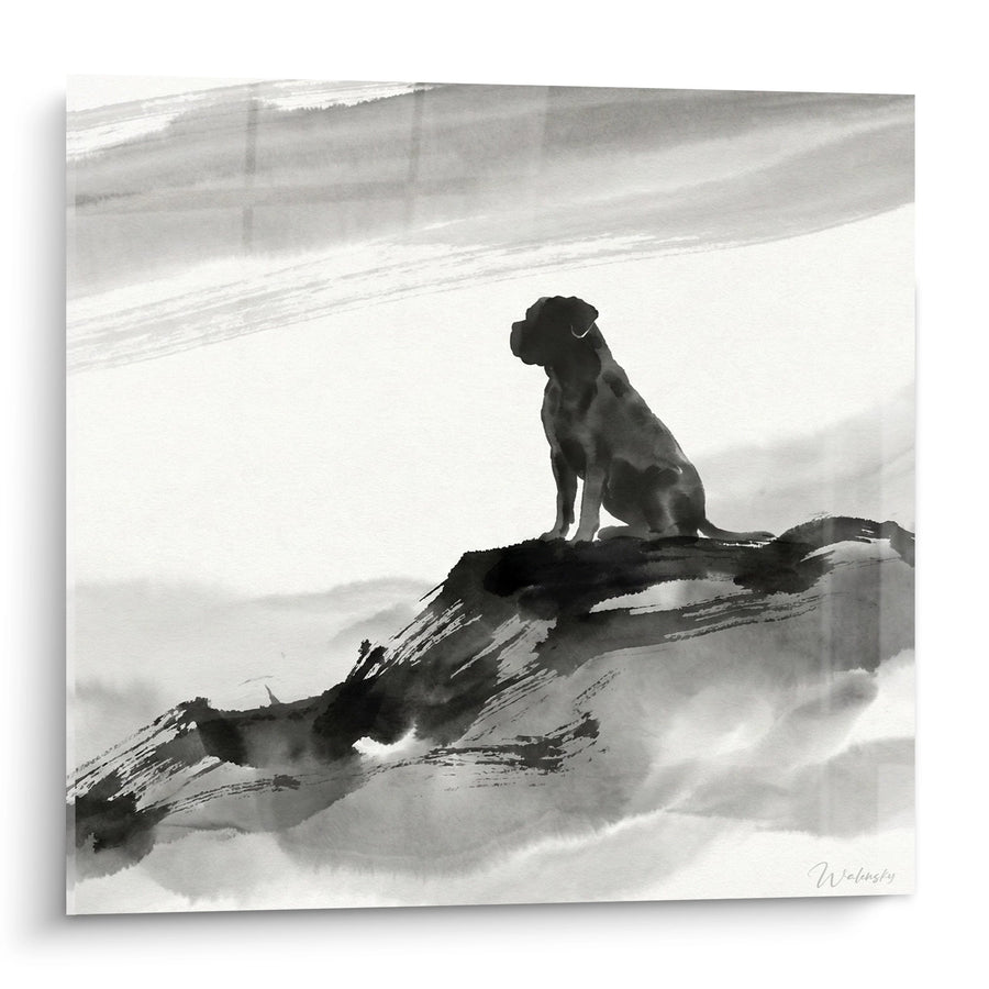 Tableau Chien à l'Encre de Chine sur Rocher - Contemplation Silencieuse - Edition Bullmastiff