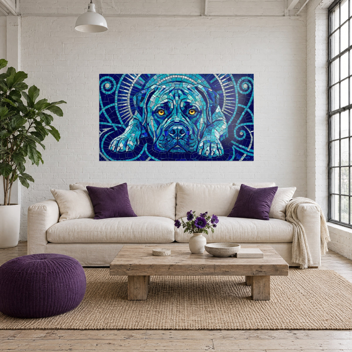 Tableau portrait de bullmastiff en mosaïque turquoise et bleu nuit, yeux ambrés, au-dessus d'un canapé dans un salon lumineux