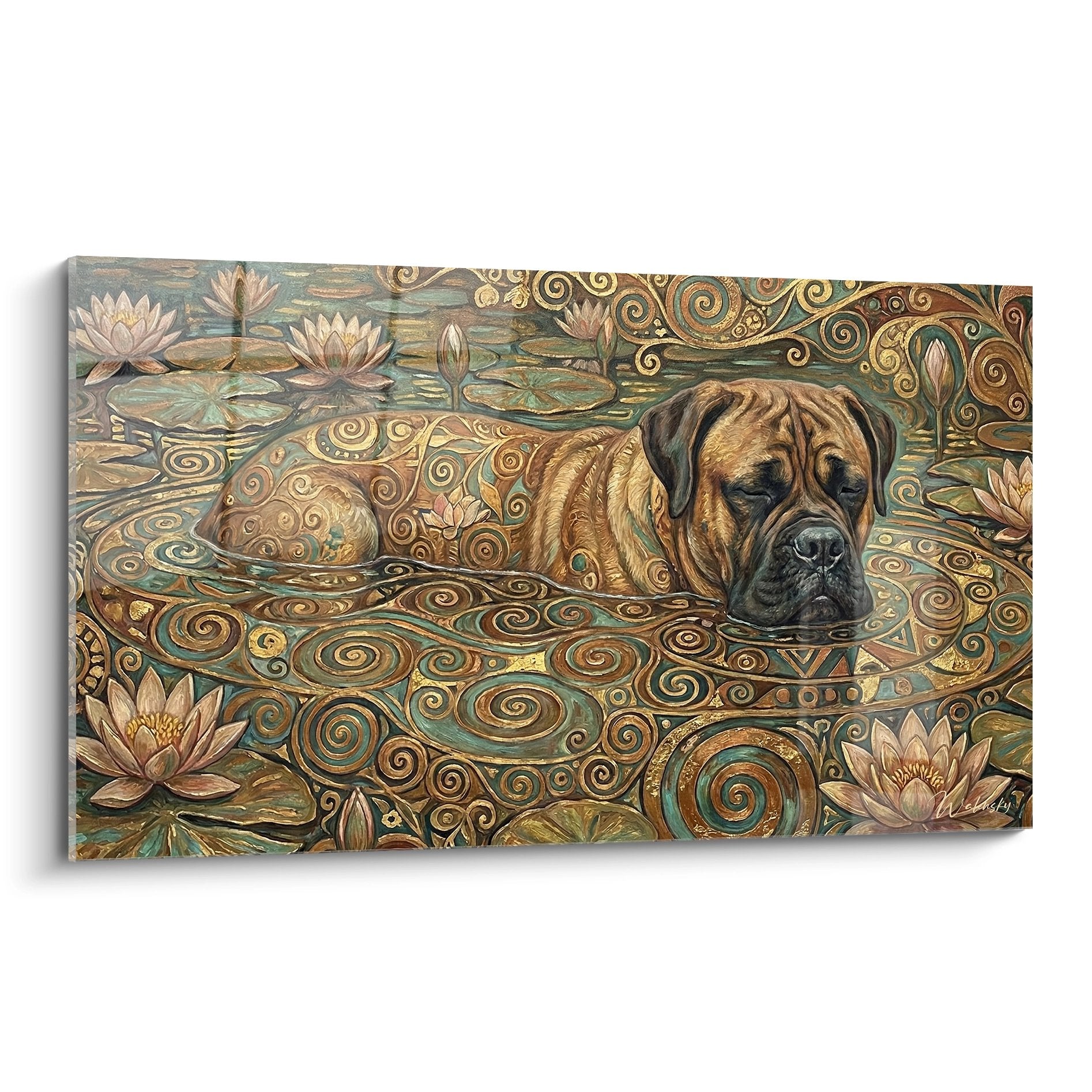 Tableau décoratif Bullmastiff brun dans eau verte avec motifs dorés spiralés et nénuphars blancs