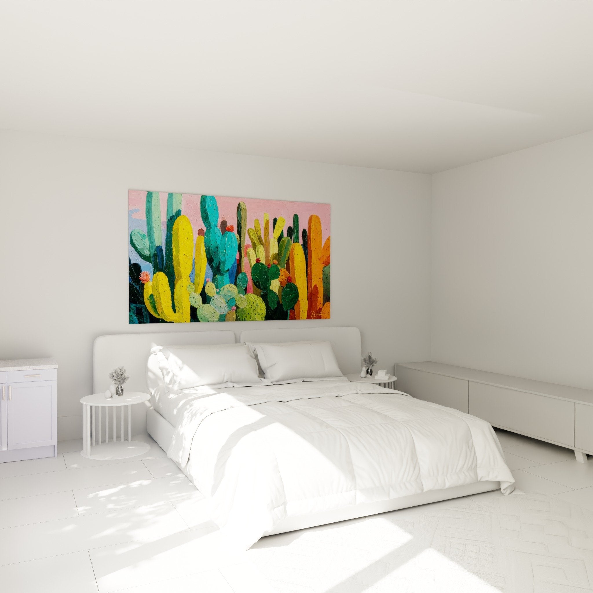Bunte Kakteen Gemälde in modernem Schlafzimmer weiße Wand originale Wanddekoration kubistischer Stil