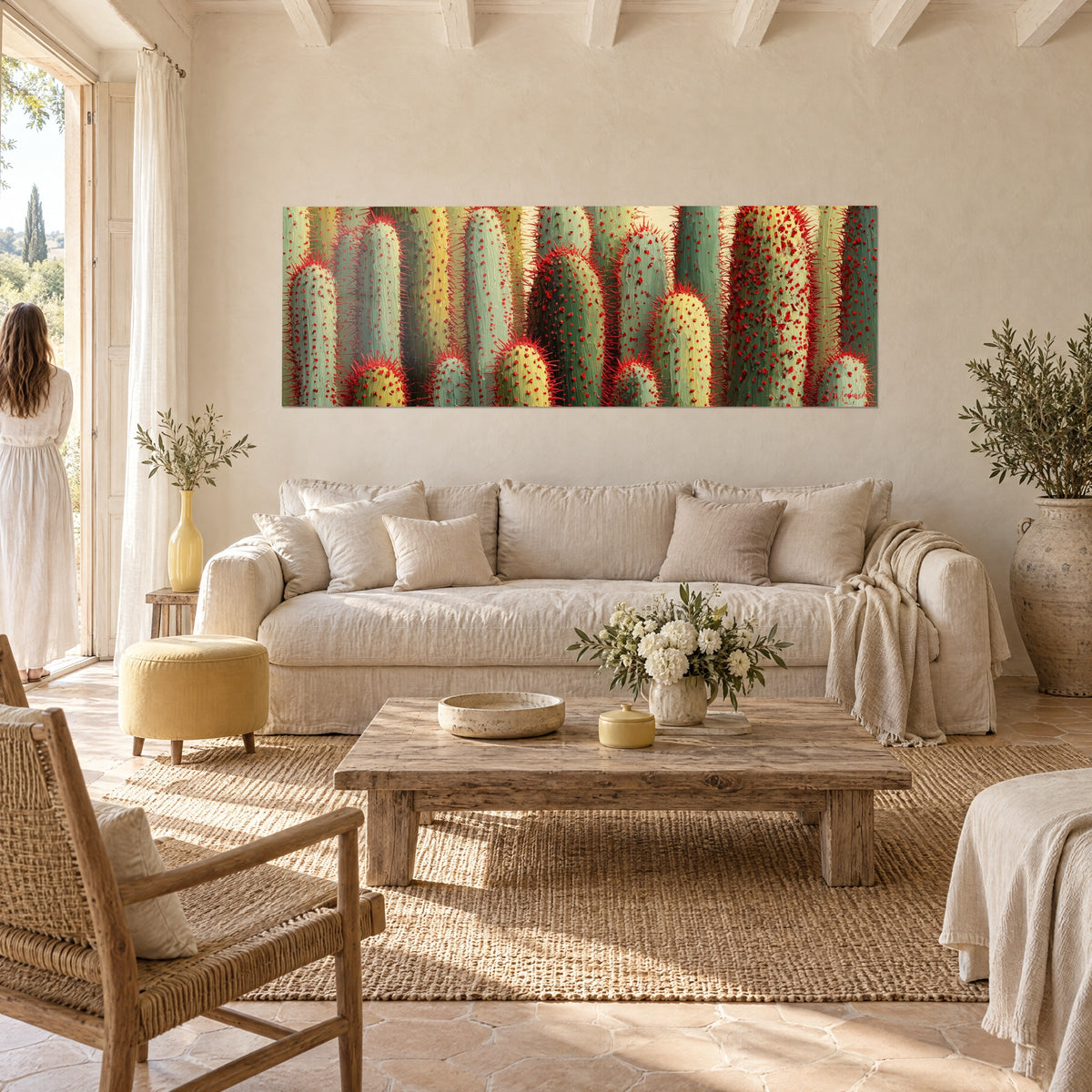 Tableau colonnes de cactus vert olive hérissées d'épines rouges, femme en robe blanche de dos, au-dessus d'un canapé dans un salon lumineux