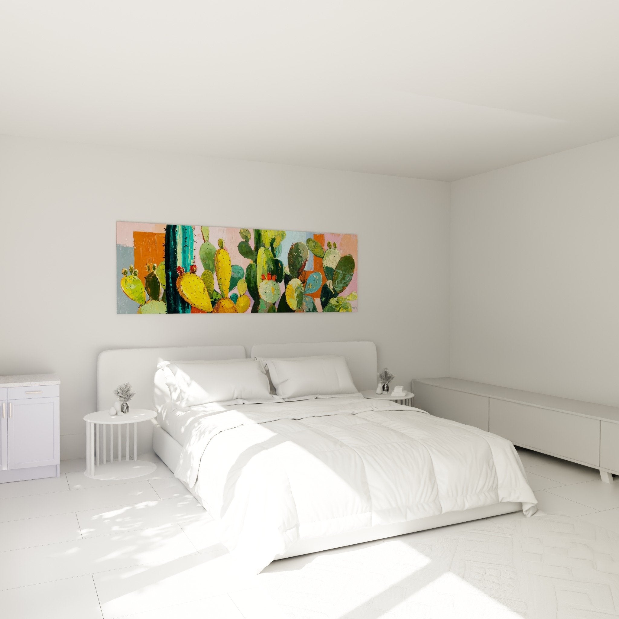 kubistisches Kaktus-Gemälde über Bett Schlafzimmer Wanddekoration bunte Sukkulenten Zen-Atmosphäre