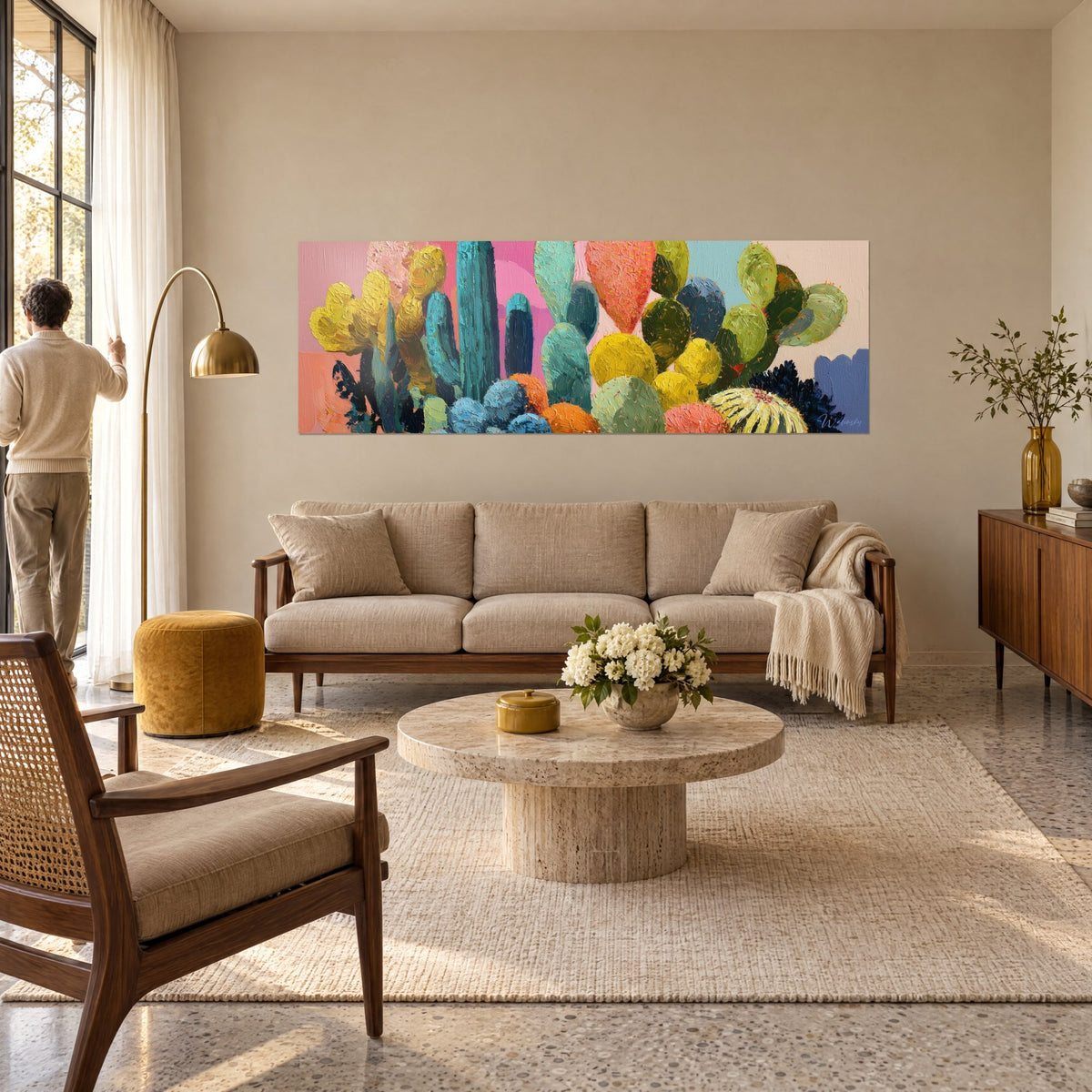 Gemälde Kakteen Opuntien in Türkis und Senfgelb in dicker Pastenmalerei, rosa Hintergrund, über einem Sofa in einem hellen Wohnzimmer