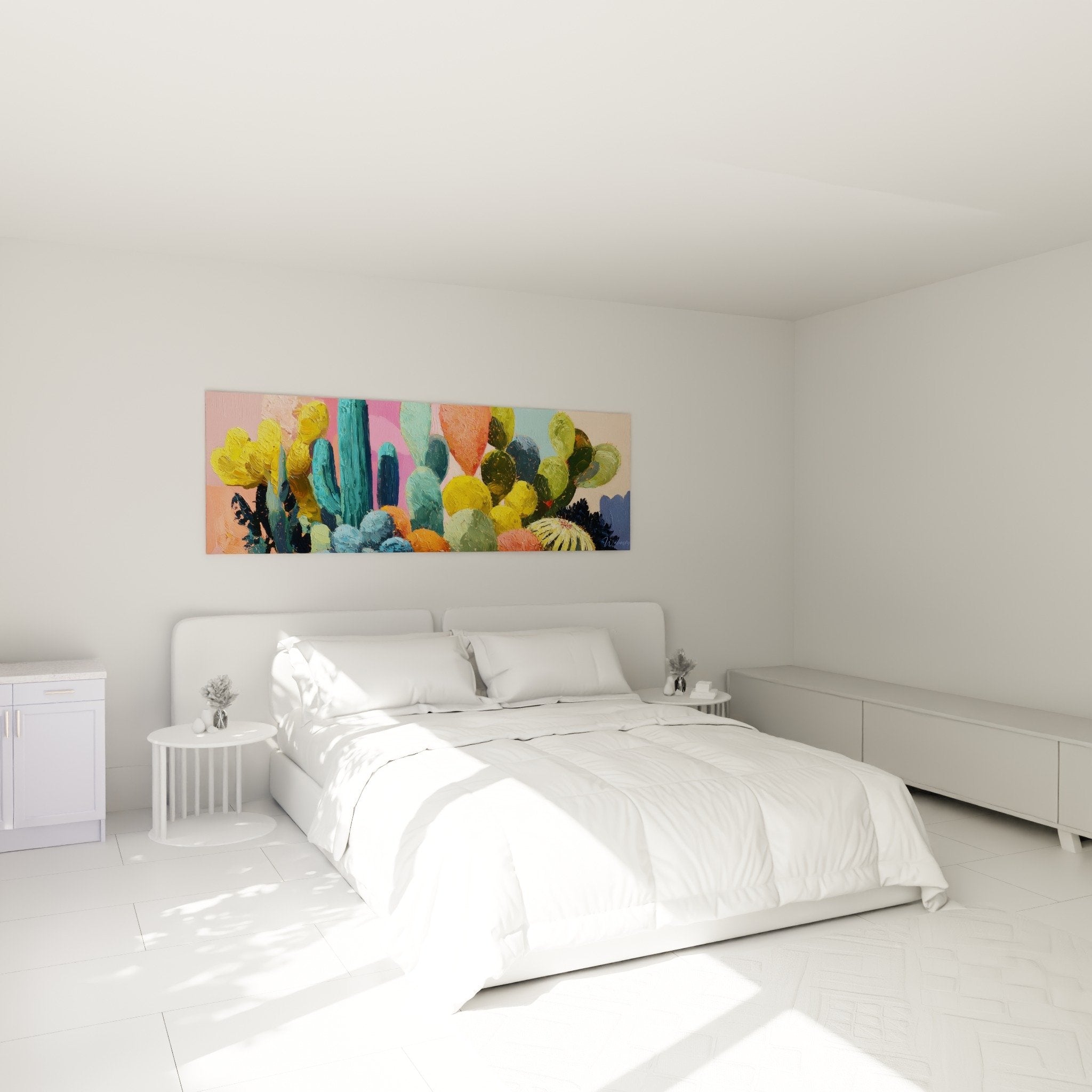 Wanddekoration bunte Kakteen Kubismus modernes Schlafzimmer horizontales Gemälde expressives Kunstwerk gelb türkis
