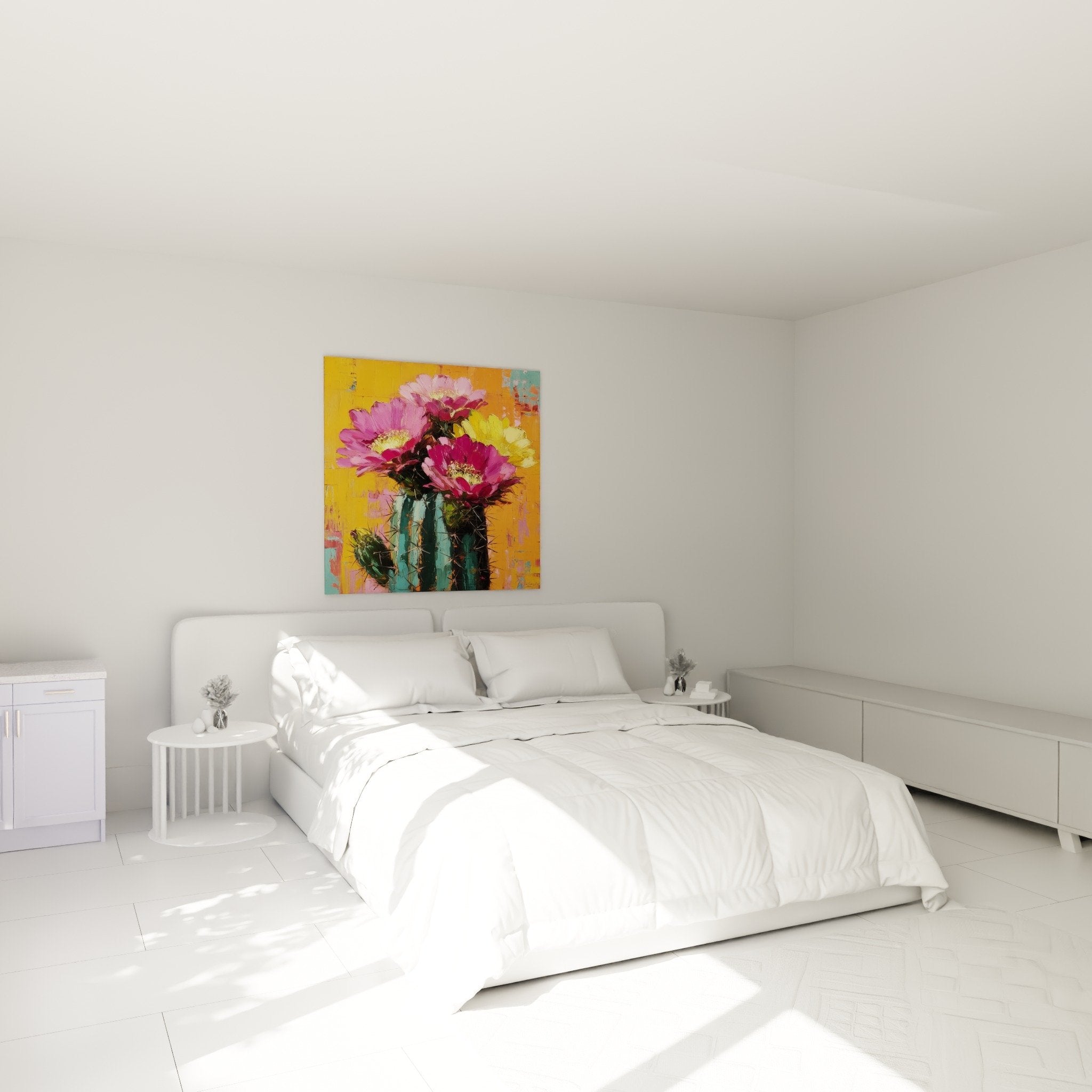 Tableau cactus fleurs multicolores ambiance chambre decoration murale moderne cubisme