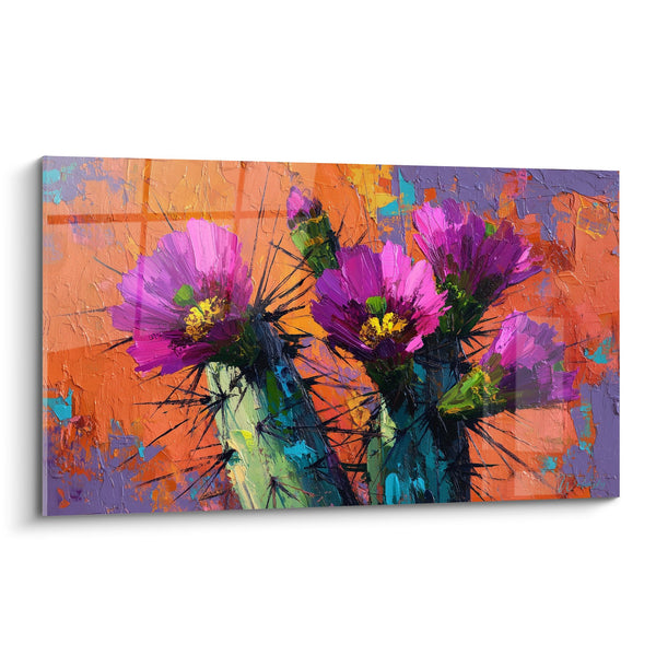 Cuadro de Cactus con Flores Violetas sobre Fondo Naranja Vibrante - Resplandor del Desierto - Edición Cactus