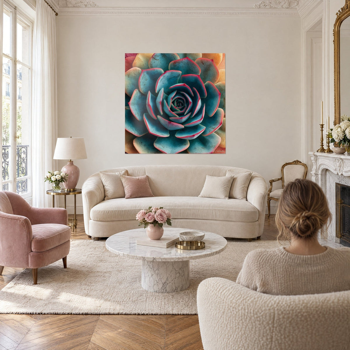 Tableau rosette de succulente turquoise aux bords rose vif, pétales nacrés, couple de dos, au-dessus d'un canapé dans un salon lumineux