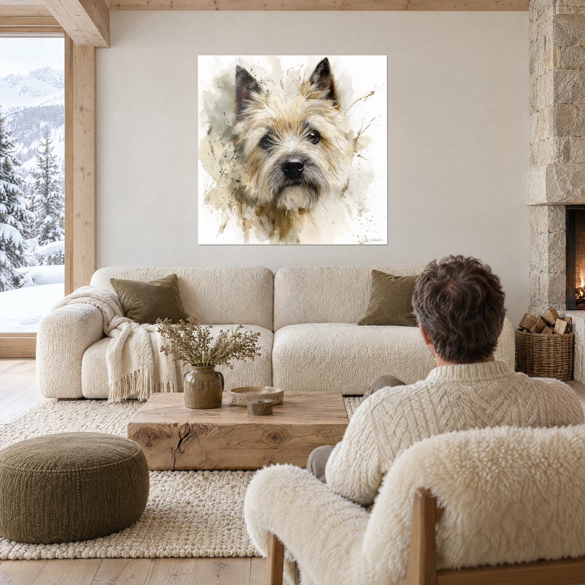 Quadro cairn terrier dal pelo color crema e sabbia, muso nero lucido, schizzi verde salvia, sopra un divano in un soggiorno luminoso