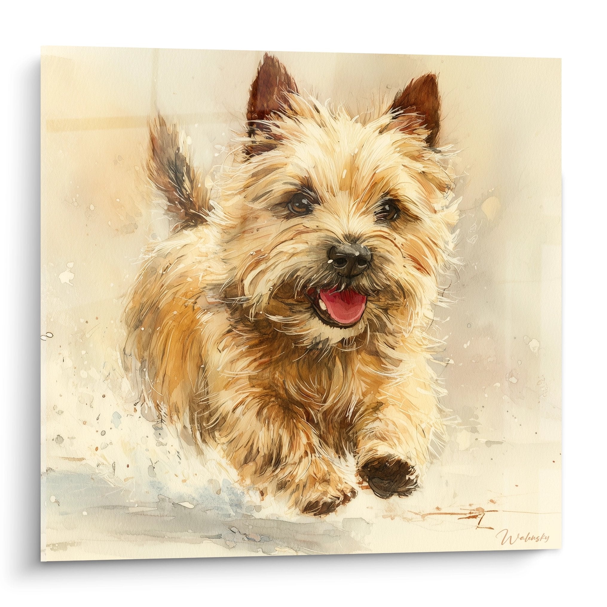 Portrait aquarelle Cairn Terrier langue tirée tons beiges dorés expression joyeuse mouvement artistique